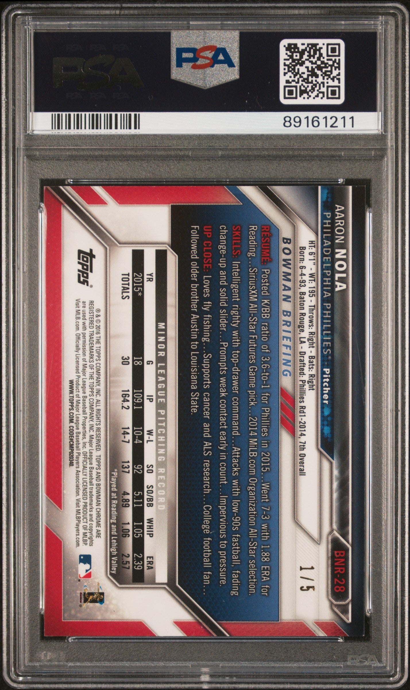 2016 Bowman Chrome Aaron Nola Red Refractor 1/5 PSA 8 RC