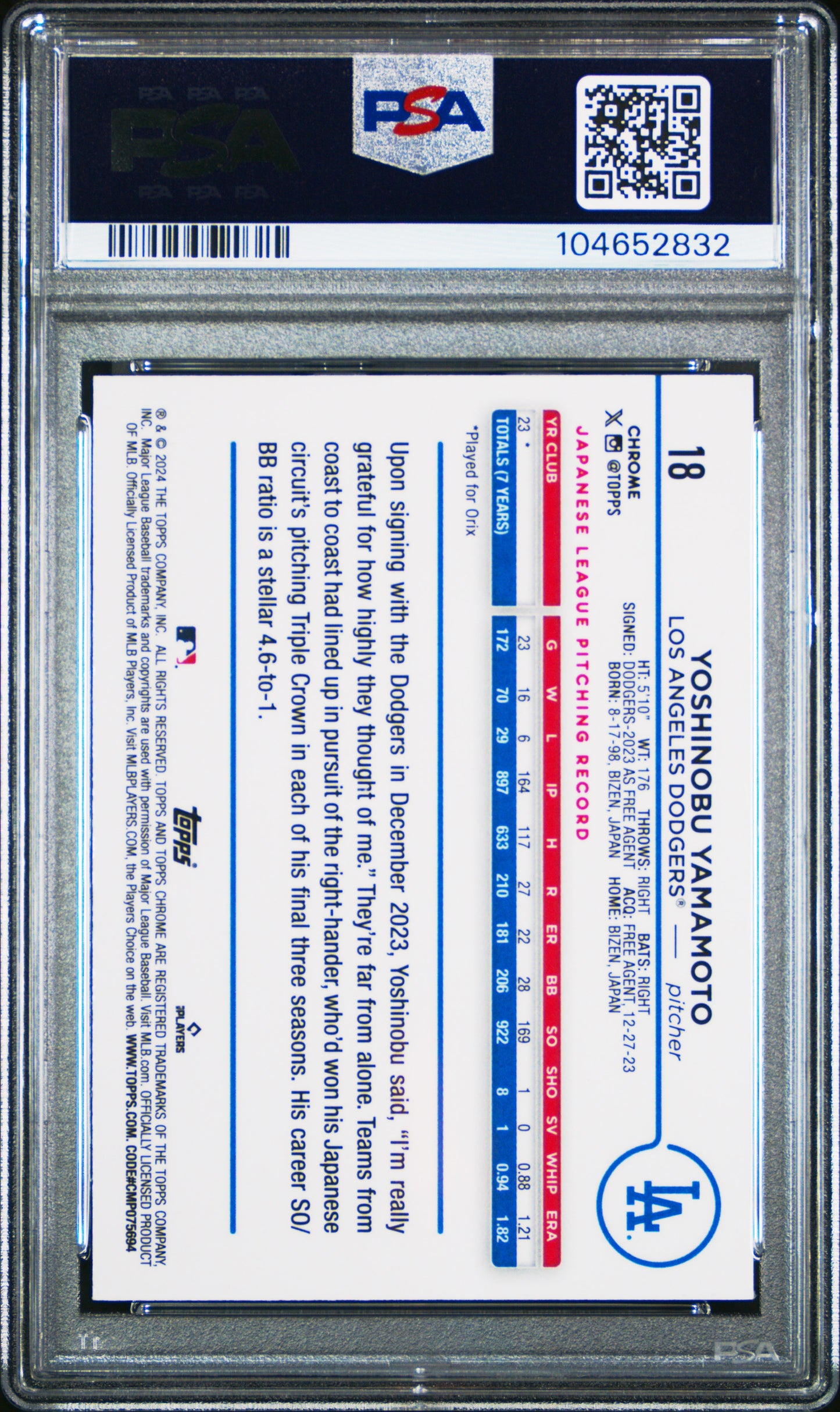 2024 Topps Chrome Yoshinobu Yamamoto Aqua Refractor 186/199 PSA 9 RC