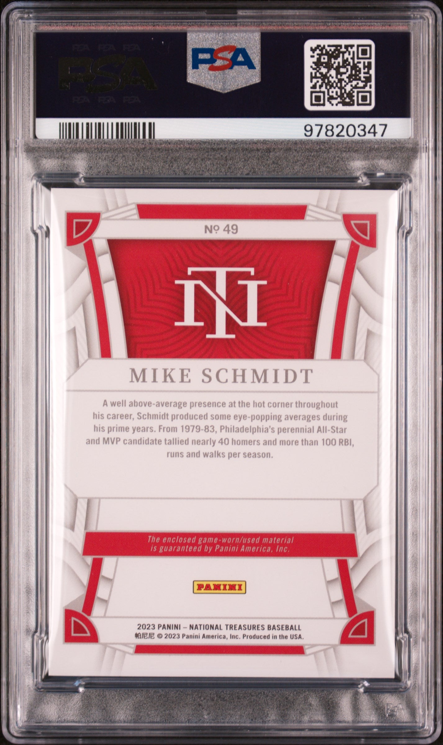 2023 National Treasures Mike Schmidt Holo Silver Game Used Bat 04/10 PSA 9