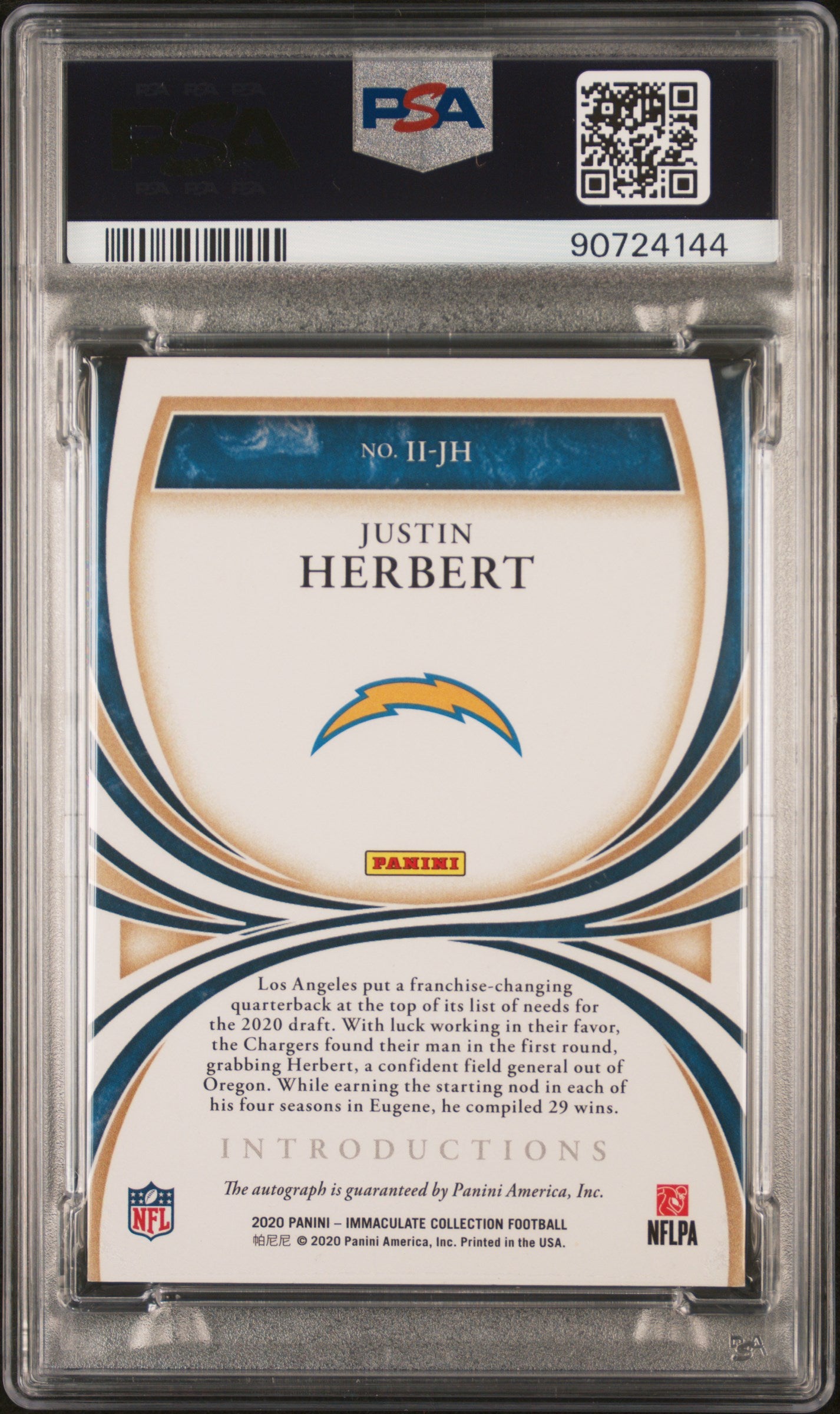 2020 Immaculate Justin Herbert Introductions Rookie Auto /10 PSA 8