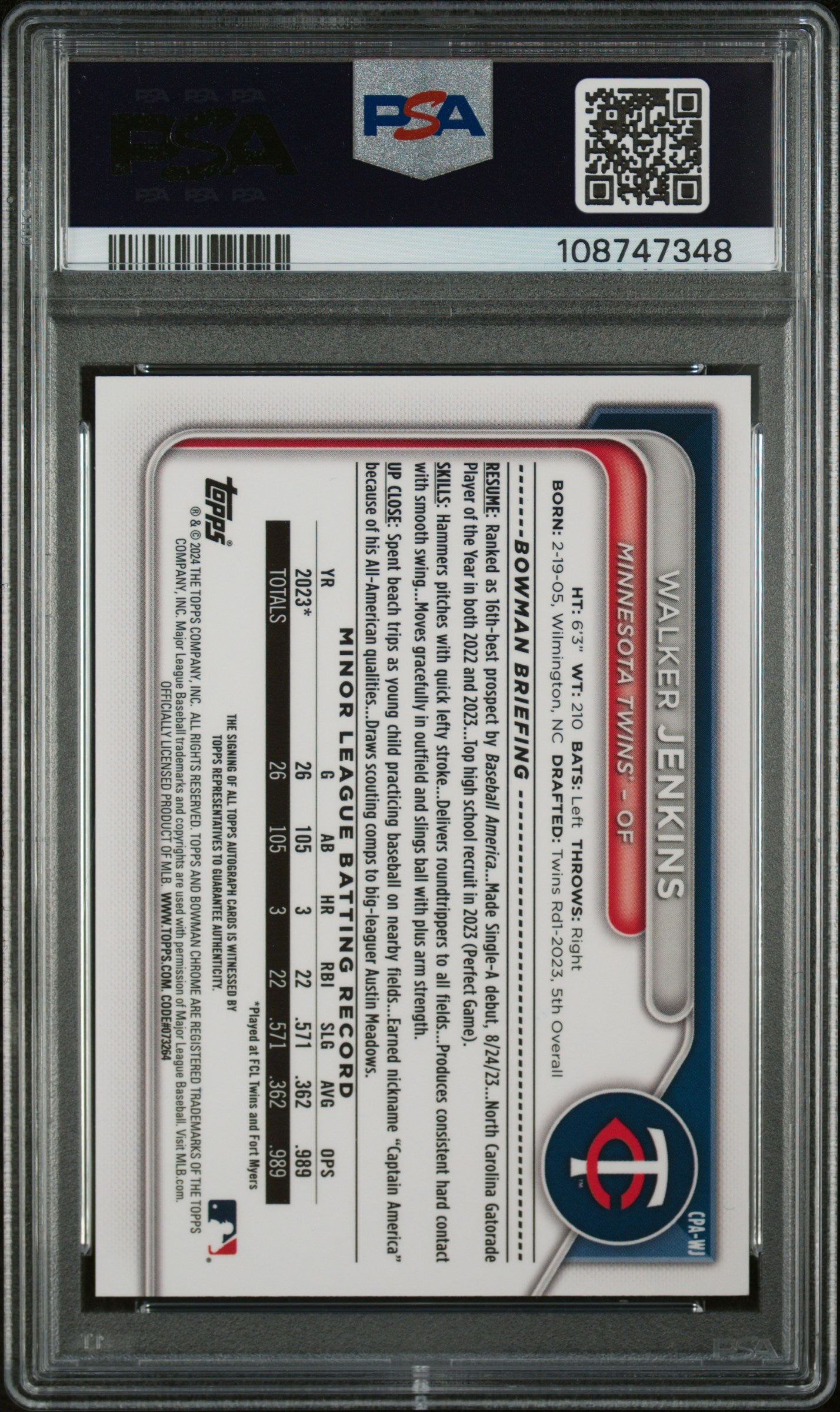 2024 Bowman Chrome Walker Jenkins 1st Auto PSA 9