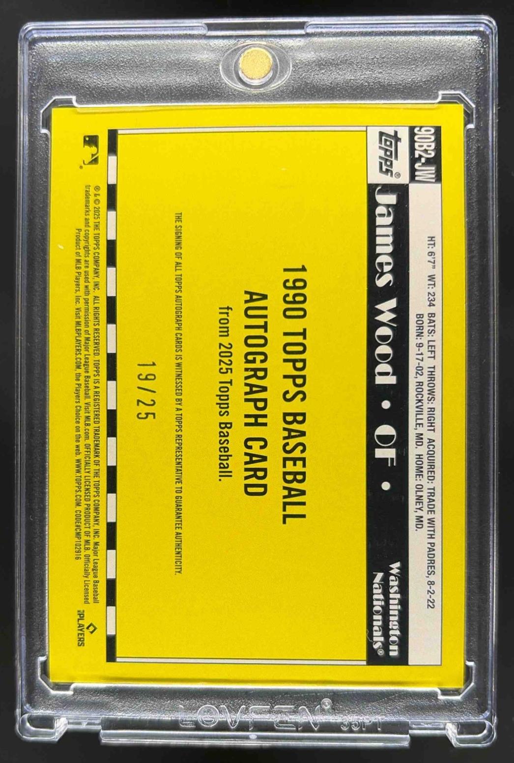 2025 Topps James Wood #90B2-JW 1990 Baseball Auto Series 2 Orange 19/25 RC