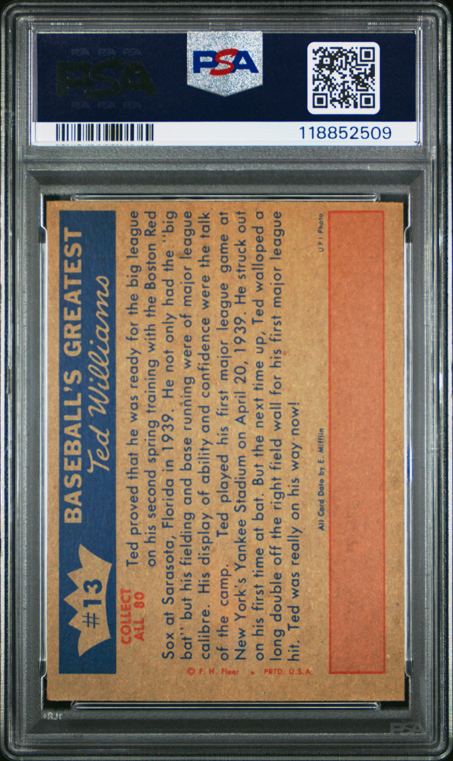 1959 Fleer Ted Williams Ted Shows He Will Stay PSA 6
