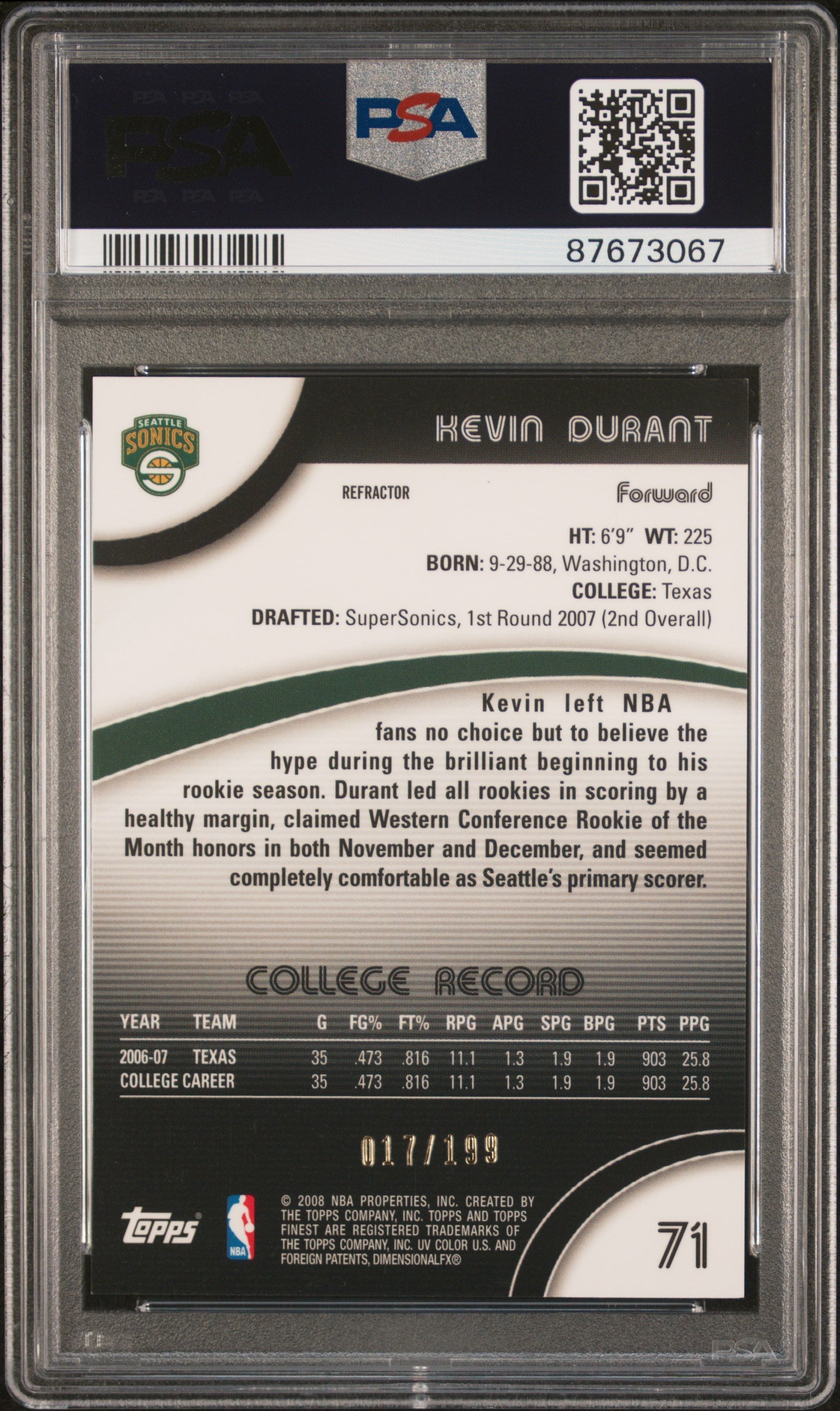 2007 Finest Kevin Durant Blue Refractor Rookie /199 PSA 9