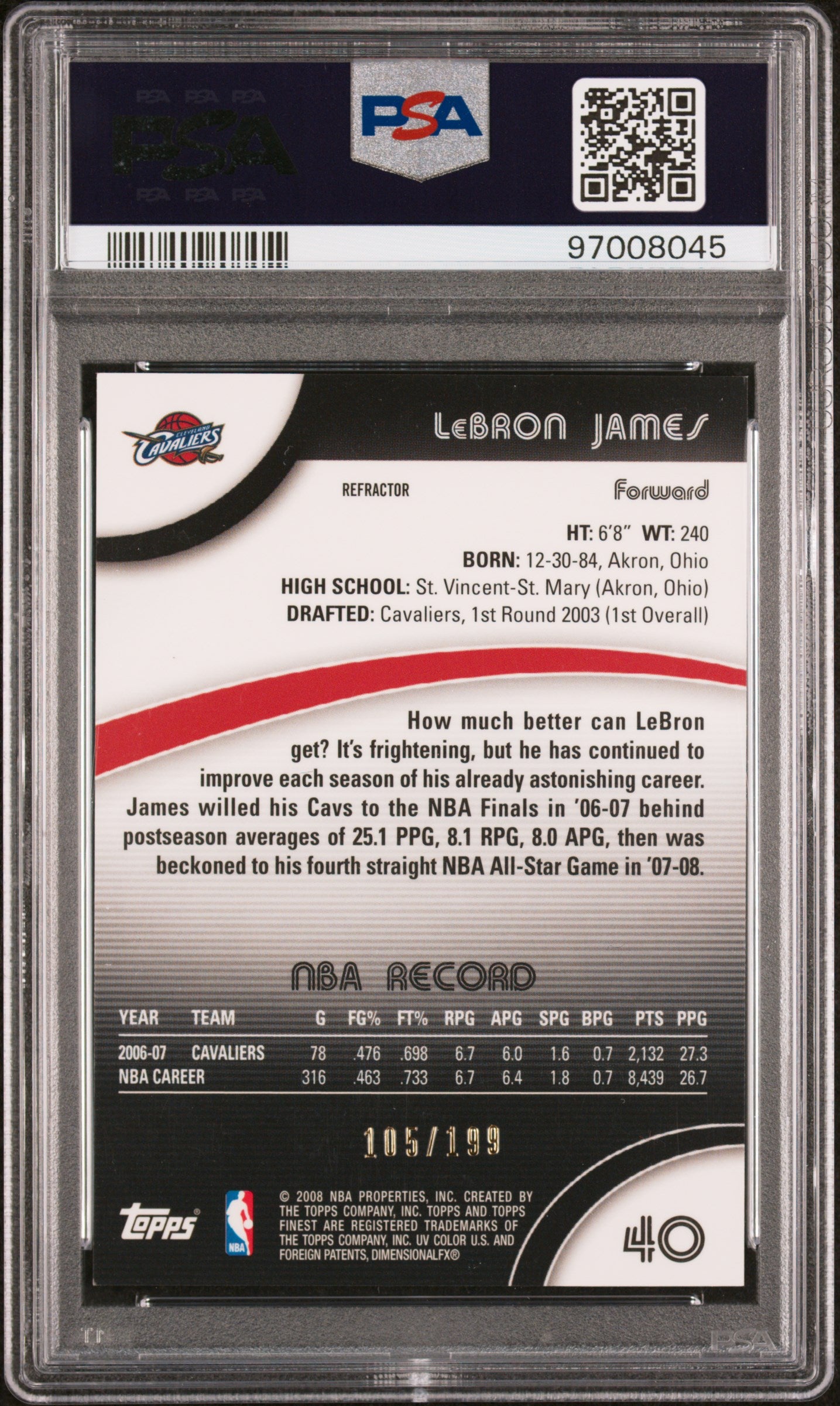 2007-08 Topps Finest Lebron James Blue Refractor /199 PSA 9