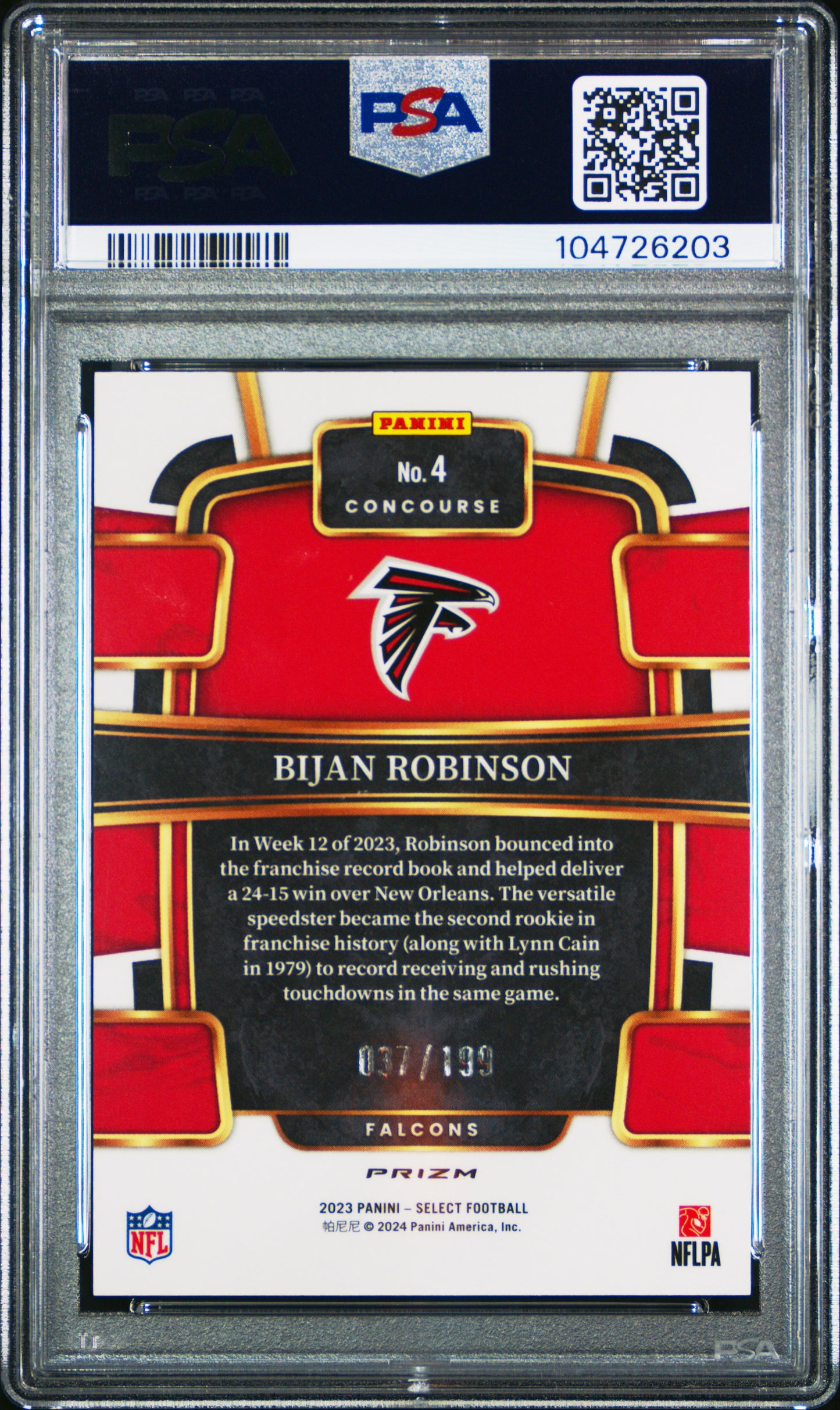 2023 Select Bijan Robinson Blue Prizm 037/199 PSA 10 RC