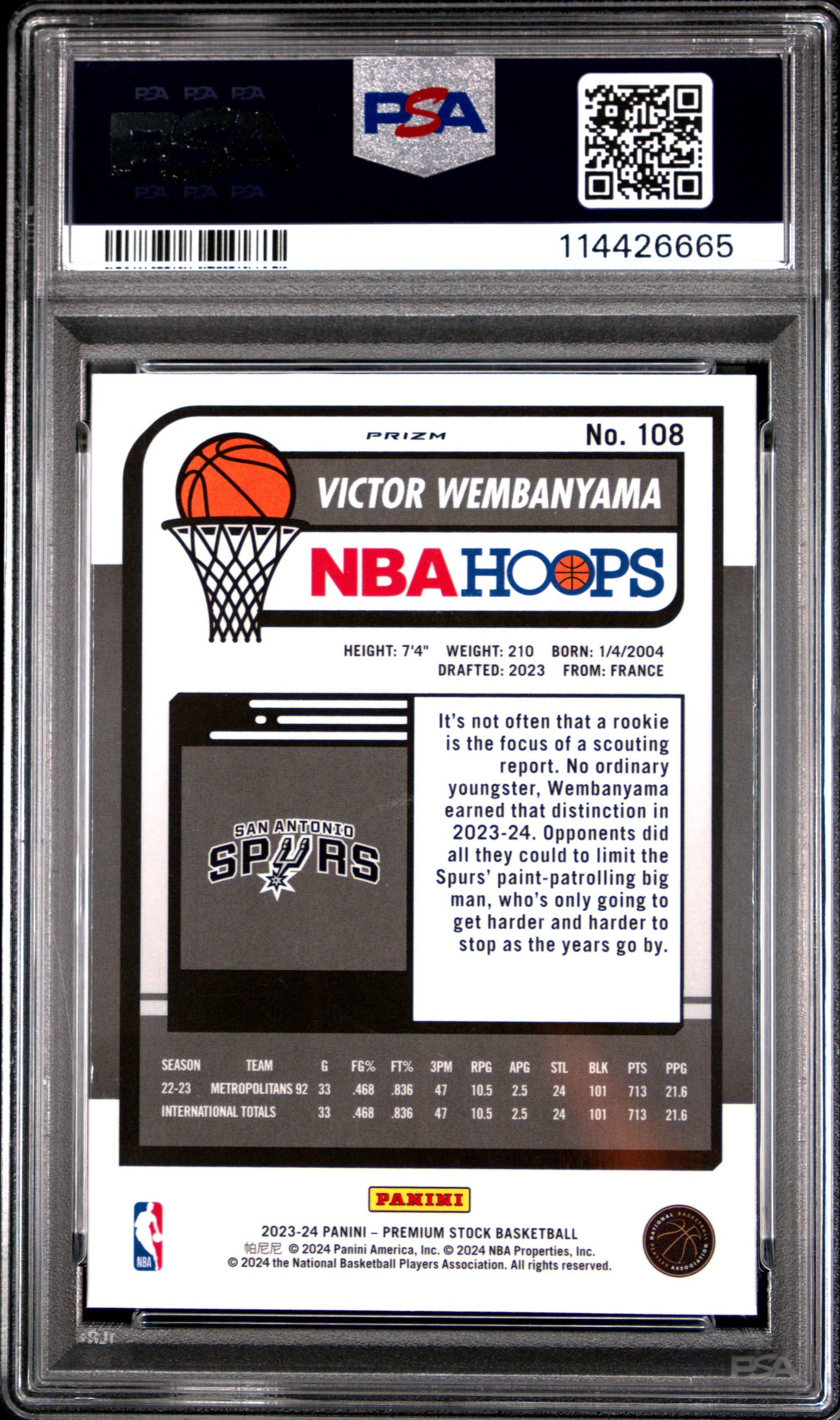 2023-24 Hoops Premium Stock Victor Wembanyama Ice Prizm Rookie PSA 10