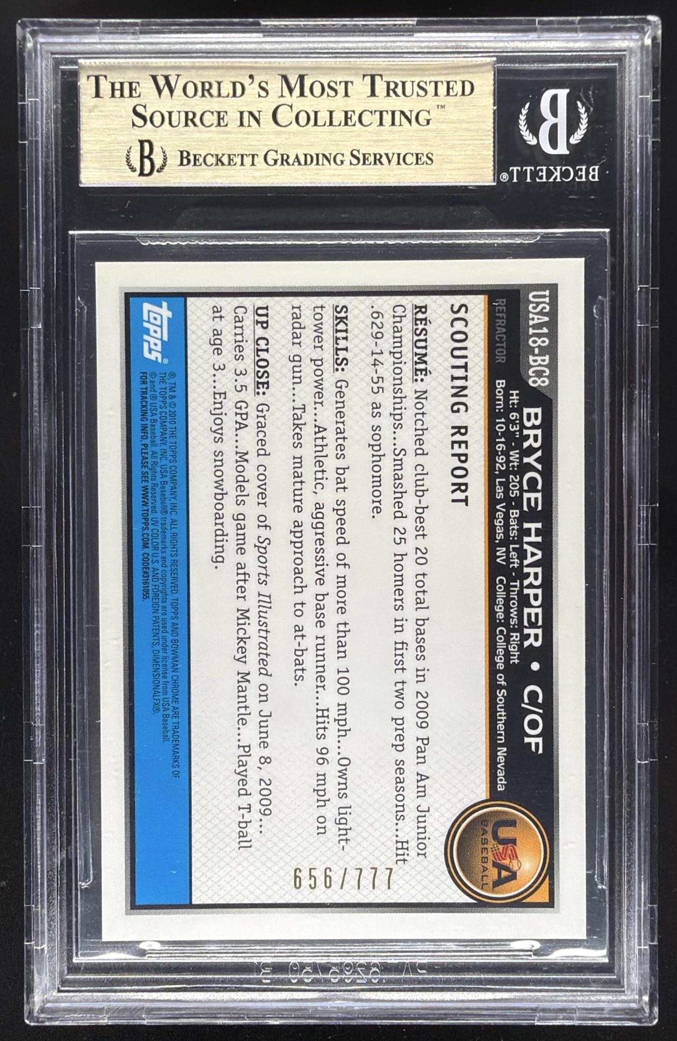 2010 Bowman Chrome Bryce Harper #USA18-BC8 USA Baseball Refractor /777 BGS 9.5