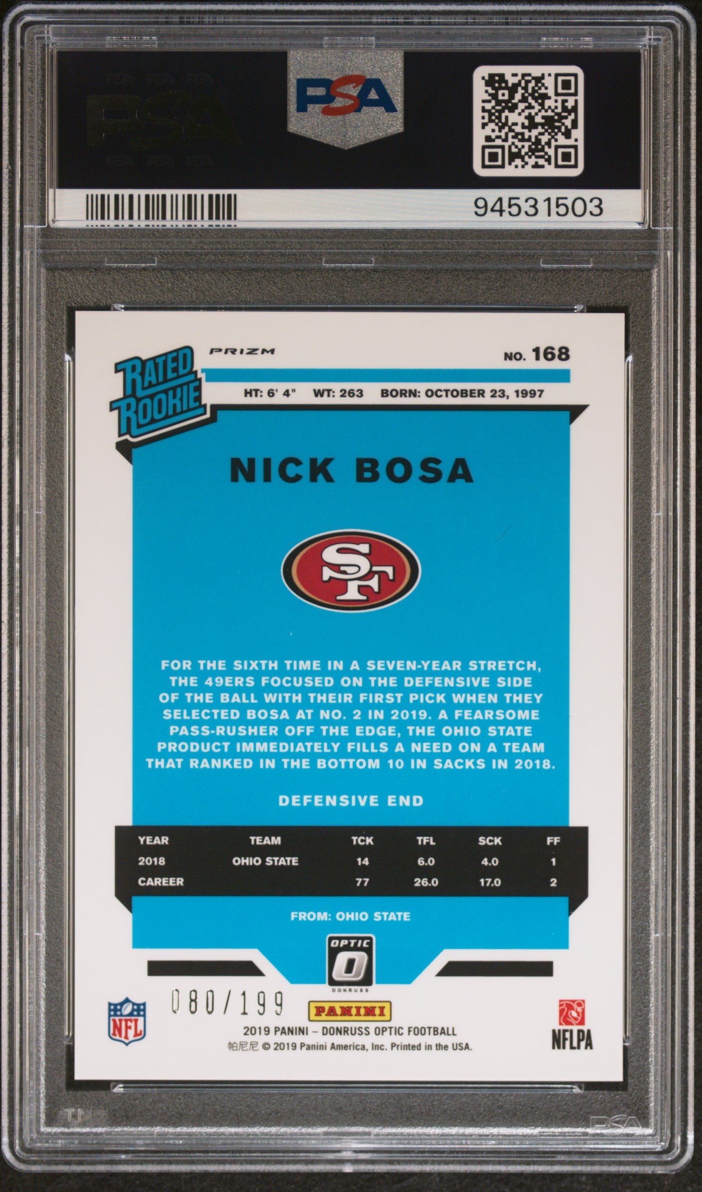 2019 Optic Nick Bosa Orange Rookie /199 PSA 10