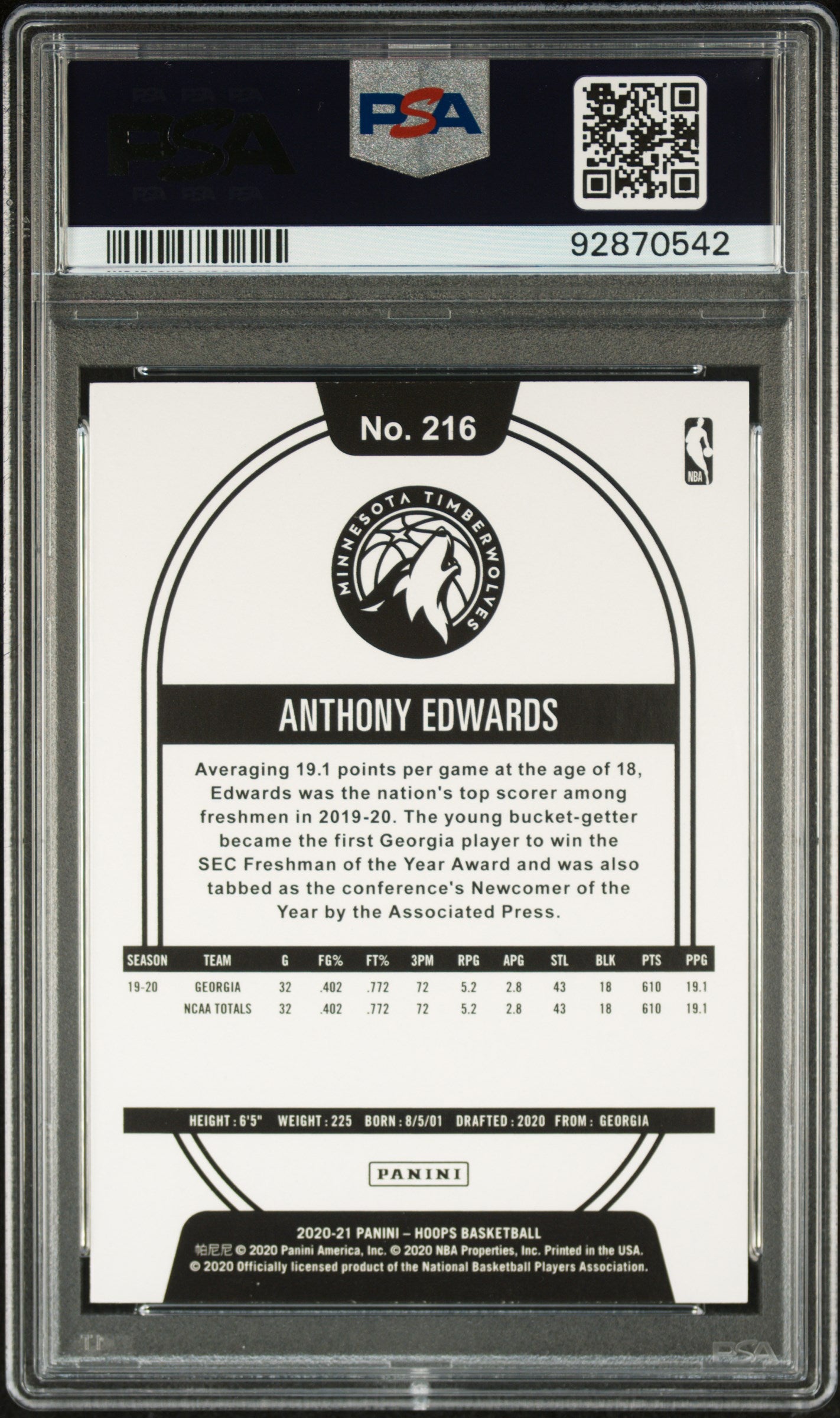 2020-21 Anthony Edwards Hoops Rookie PSA 10