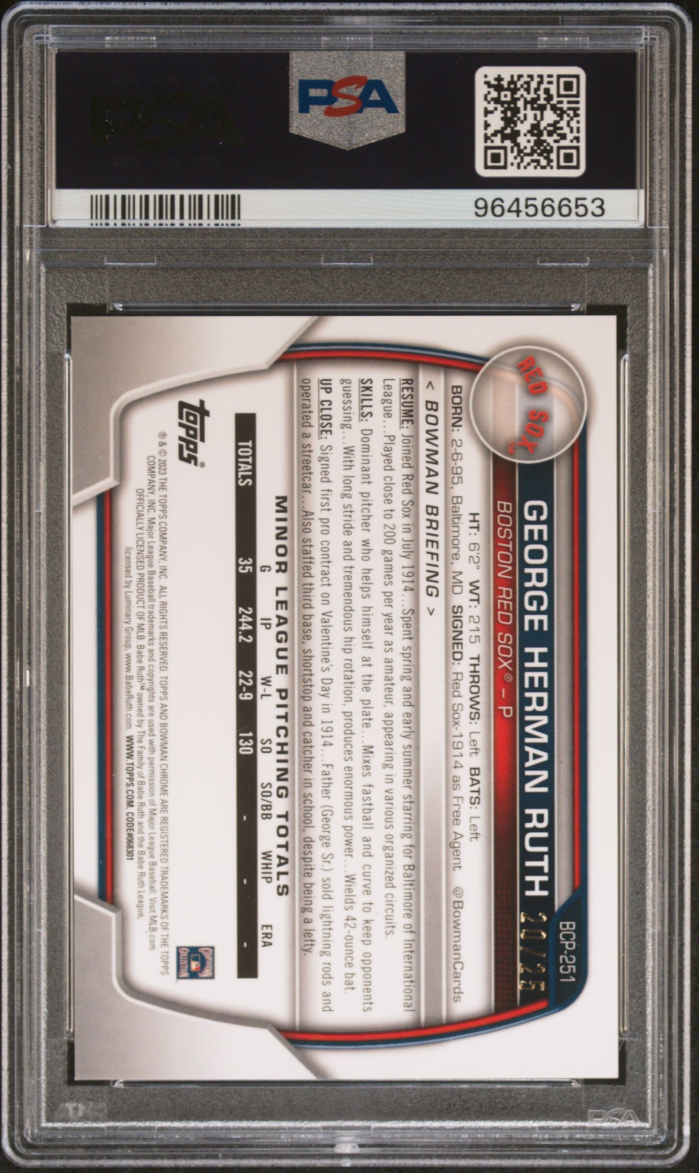 2023 Bowman Chrome Babe Ruth Retrofractor Orange /25 PSA 10