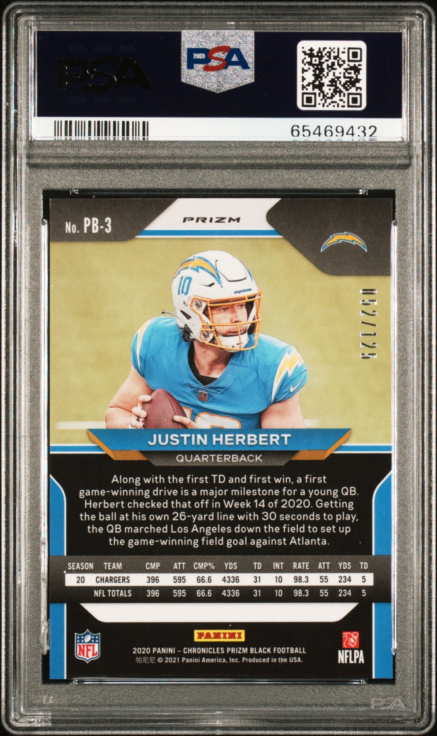 2020 Prizm Black Justin Herbert Purple Rookie /125 PSA 10