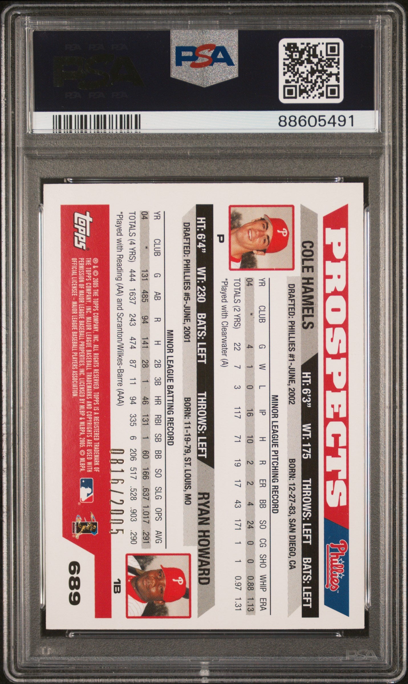 2005 Topps Gold Ryan Howard Cole Hamels Gold 0816/2005 PSA 9