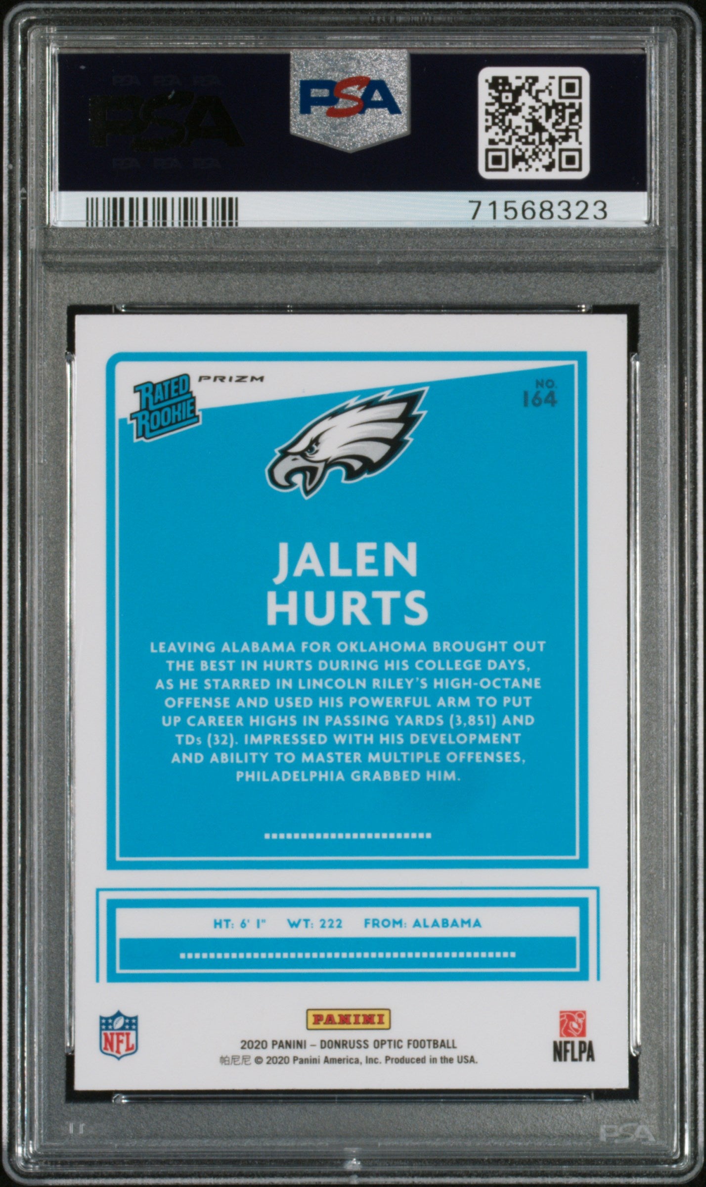 2020 Panini Donruss Optic Jalen Hurts #164 Blue Hyper Prizm RC PSA 10