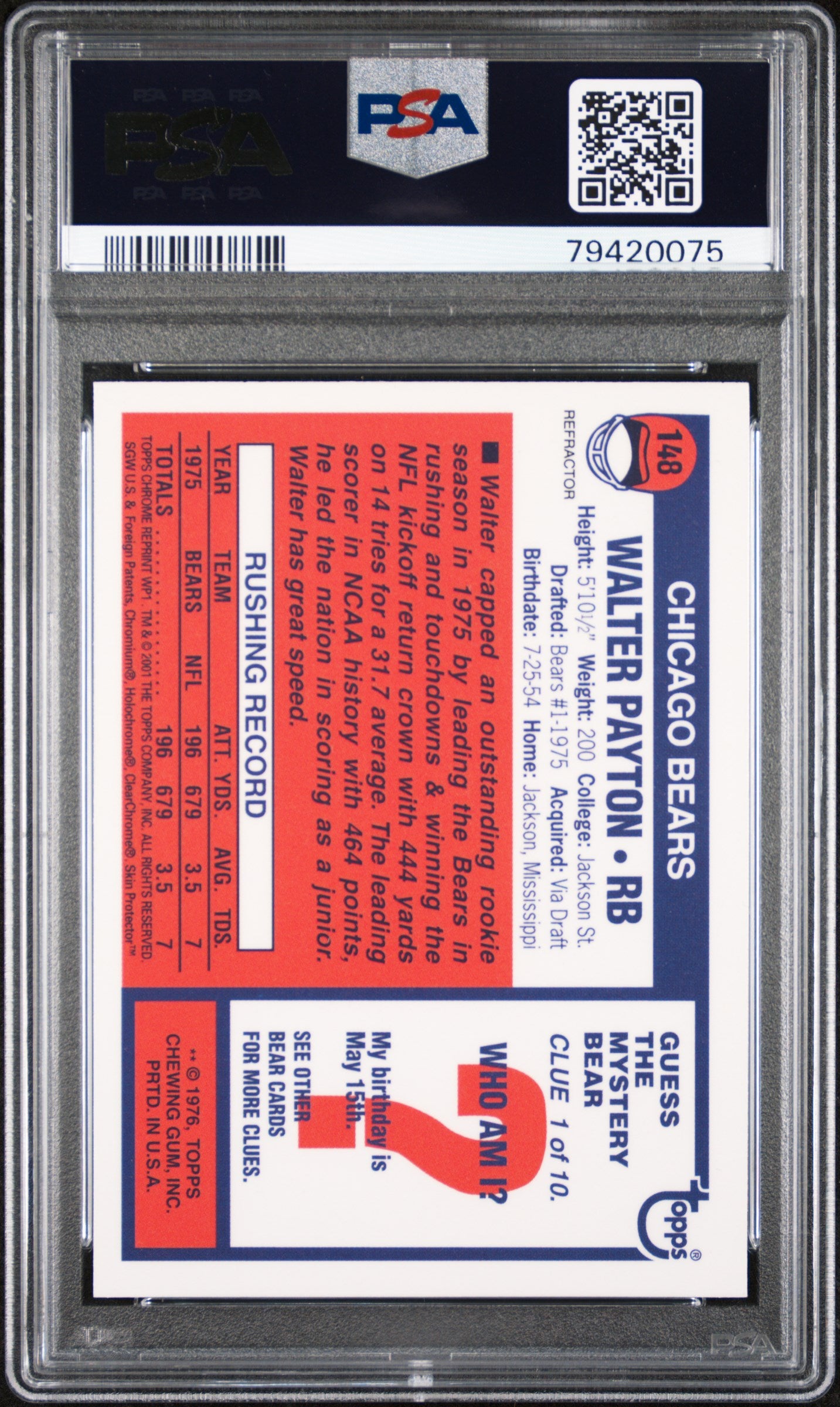 2001 Topps Chrome Walter Payton #WP1 Reprints Refractor PSA 8
