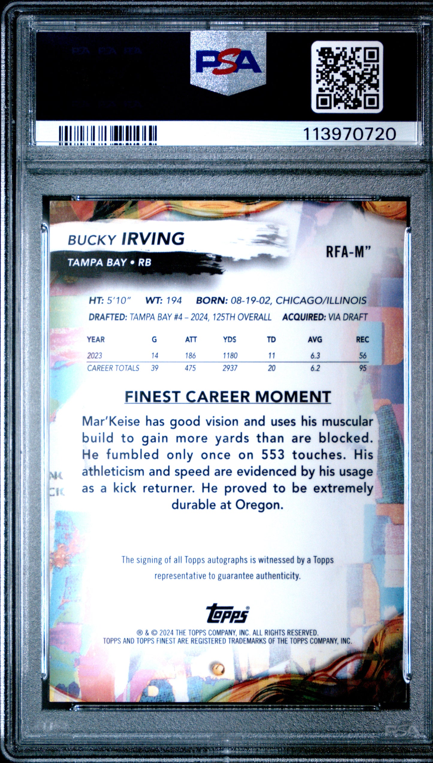 2024 Topps Finest Bucky Irving Blue Rookie Auto /99 PSA 10