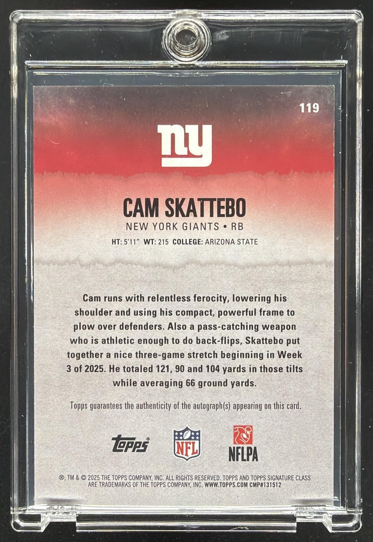 2025 Topps Signature Class Cam Skattebo #119 Rookie Auto Purple Foil 60/100 RC