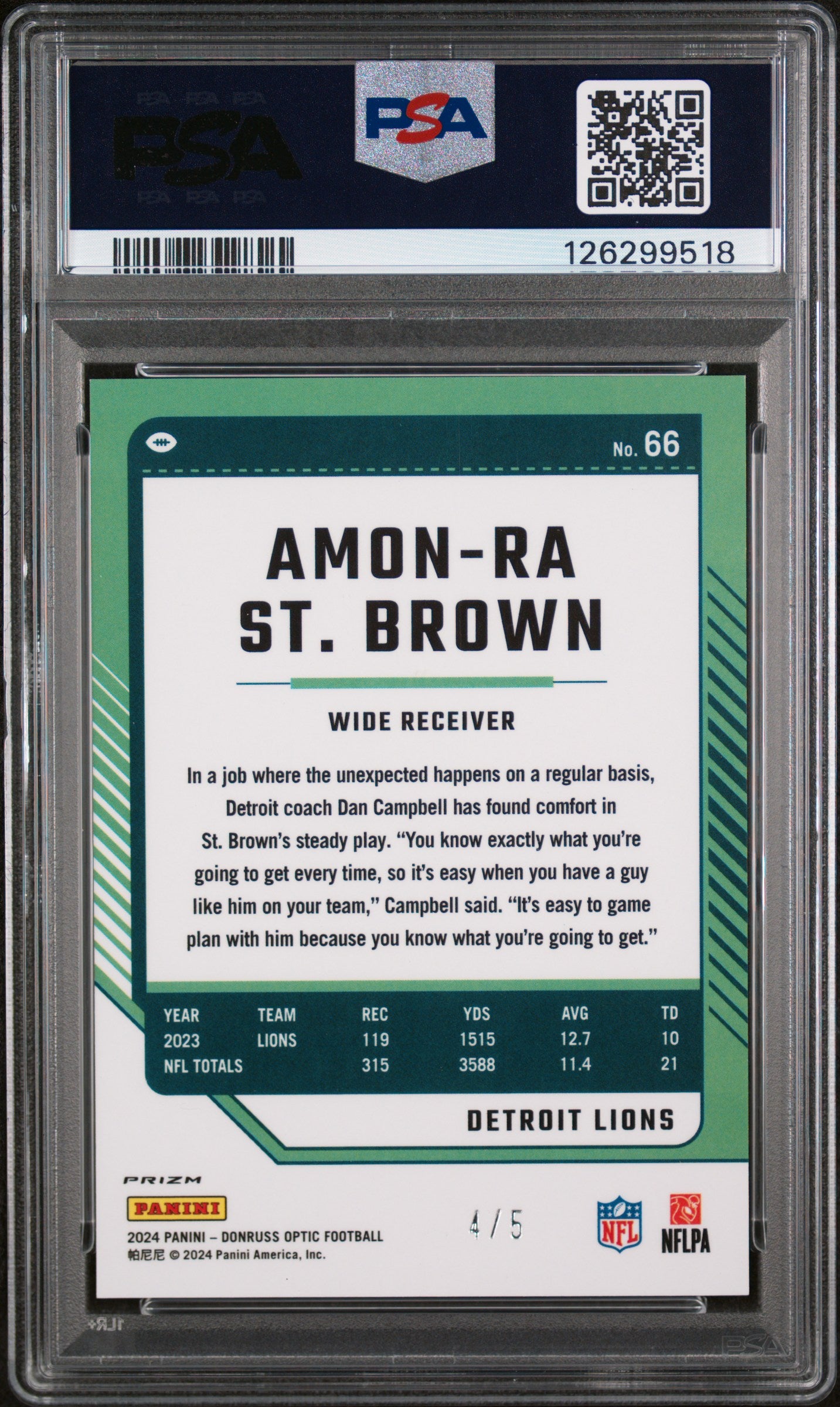2024 Panini Donruss Optic Amon-Ra St. Brown #66 Blue Mojo 4/5 Lions PSA 9