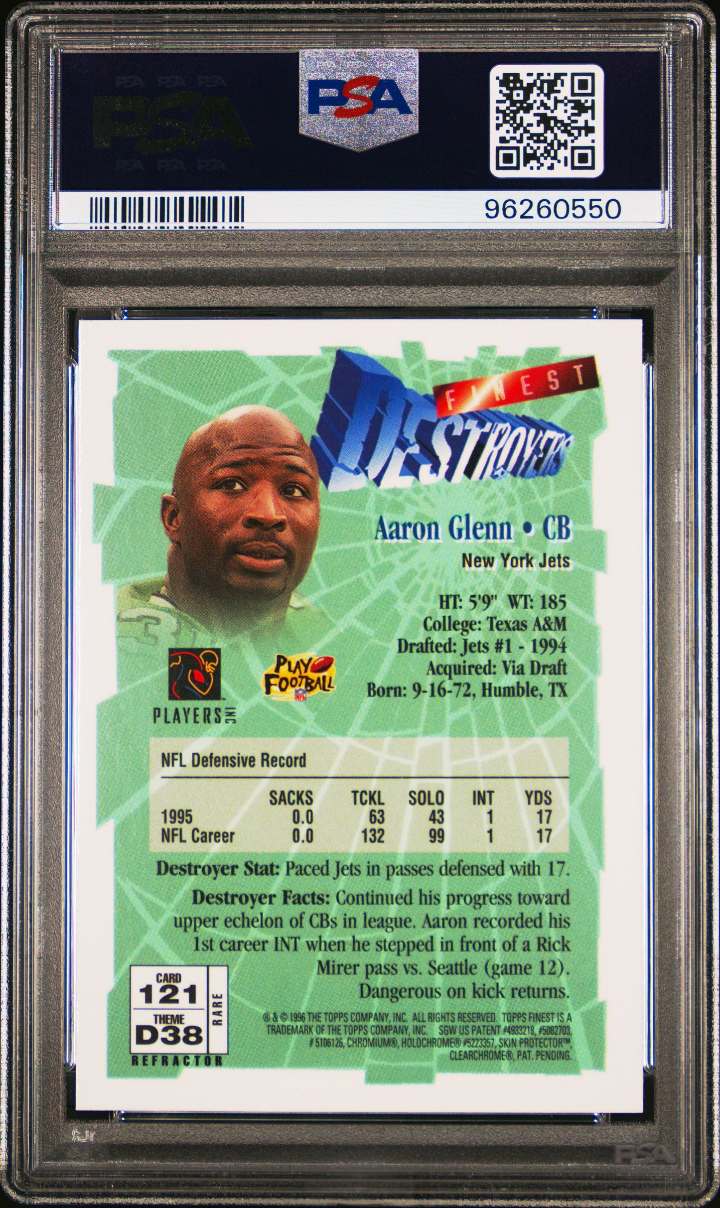 1996 Finest Aaron Glenn Gold Refractor w/ Peel PSA 9 RC