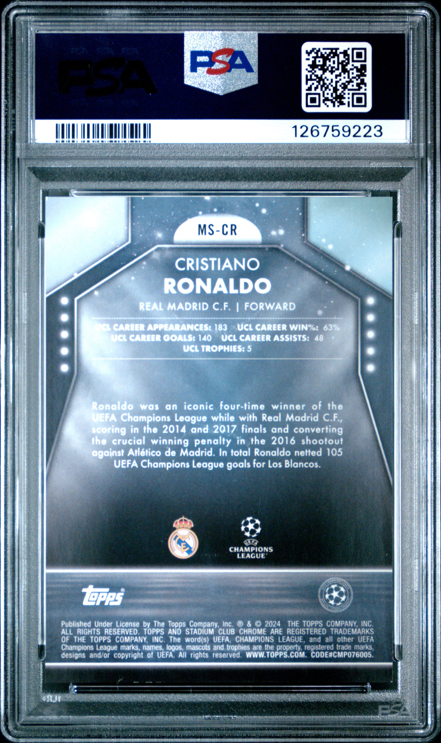 2024 Topps UEFA Club Cristiano Ronaldo Main Stage Chrome Orange Refractor /25 PSA 9