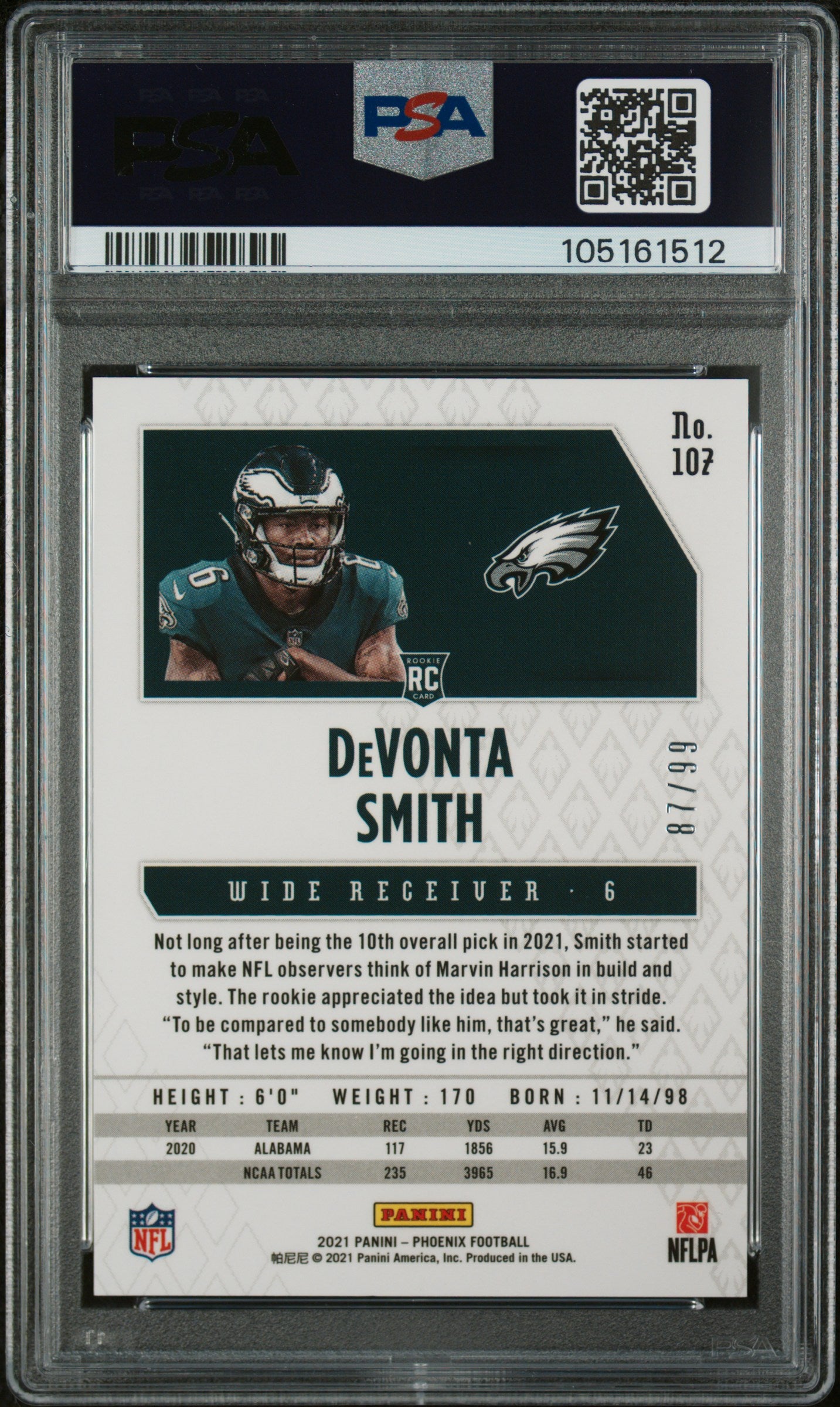 2021 Panini Phoenix DeVonta Smith #107 Orange Lazer 87/99 RC Eagles PSA 10