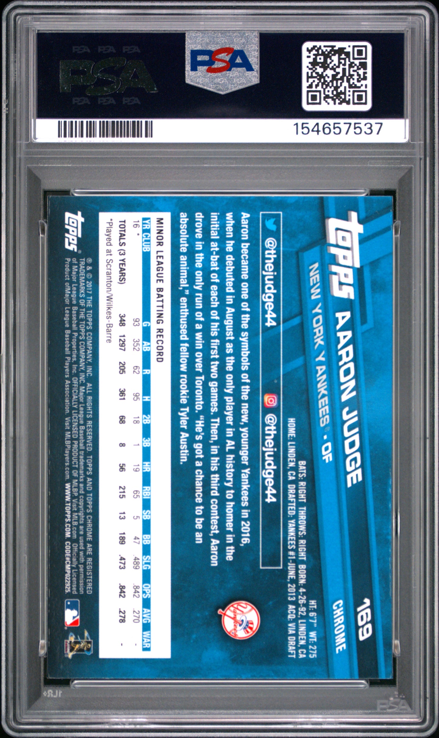 2017 Topps Chrome Aaron Judge #169 RC PSA 10