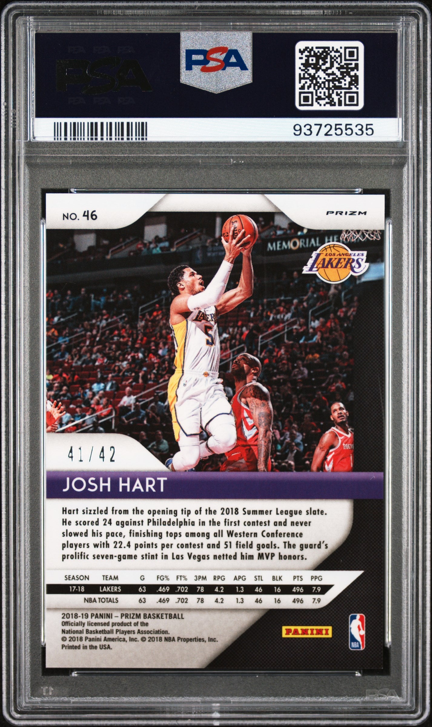 2018-19 Prizm Josh Hart Pink Pulsar Rookie /42 PSA 10