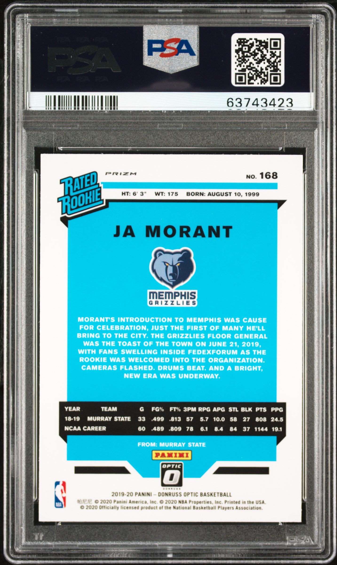 2019-20 Optic Ja Morant Blue Velocity Rookie PSA 10