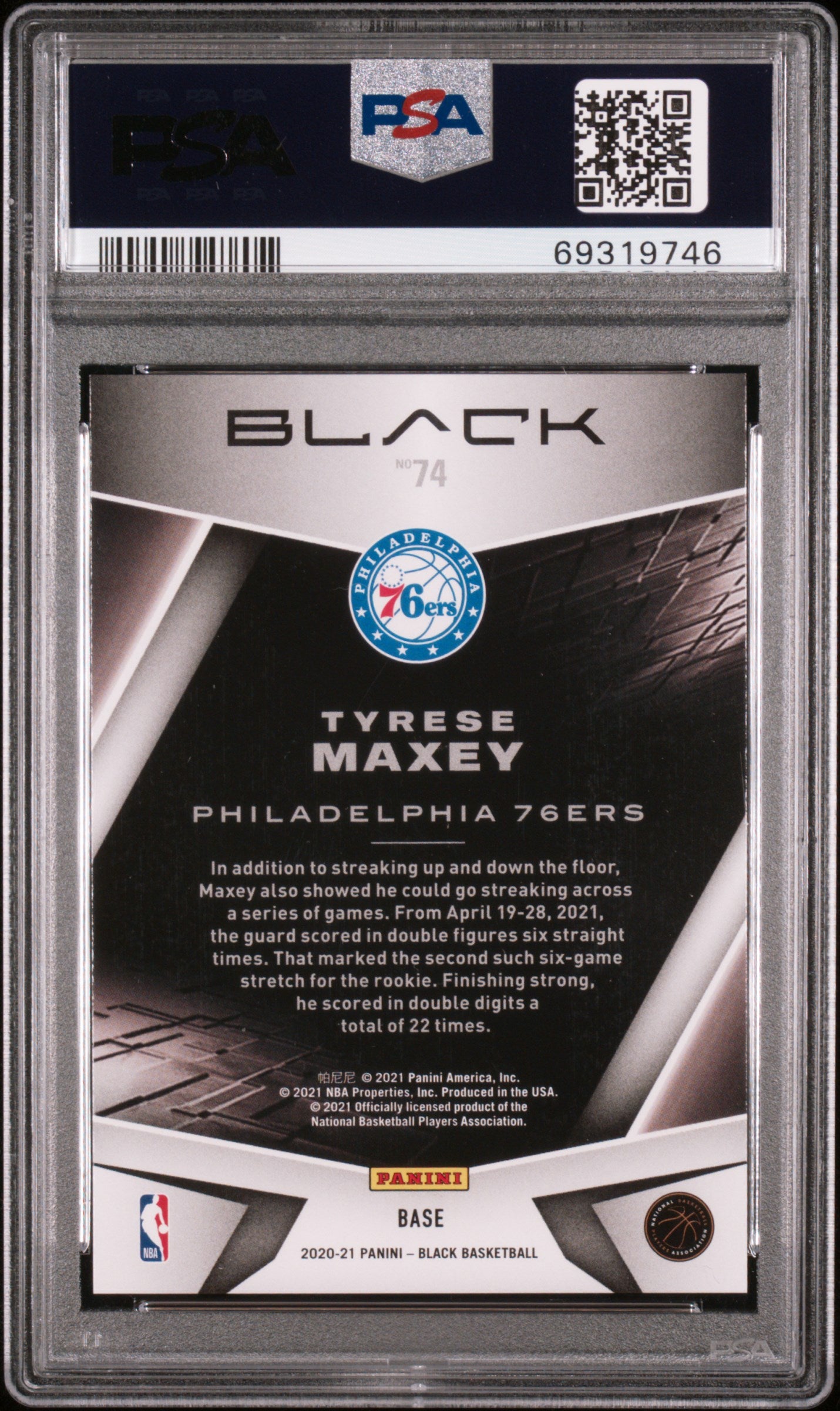 2020 Panini Black Tyrese Maxey Silver Rookie /149 PSA 10