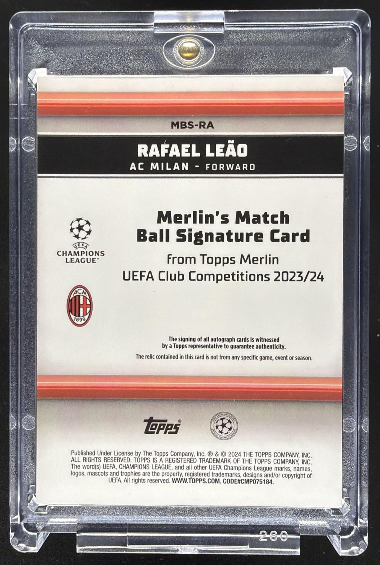2023 Topps Chrome Merlin UEFA Rafael Leao #MBS-RA Match Ball Gold Refractor /50 Auto