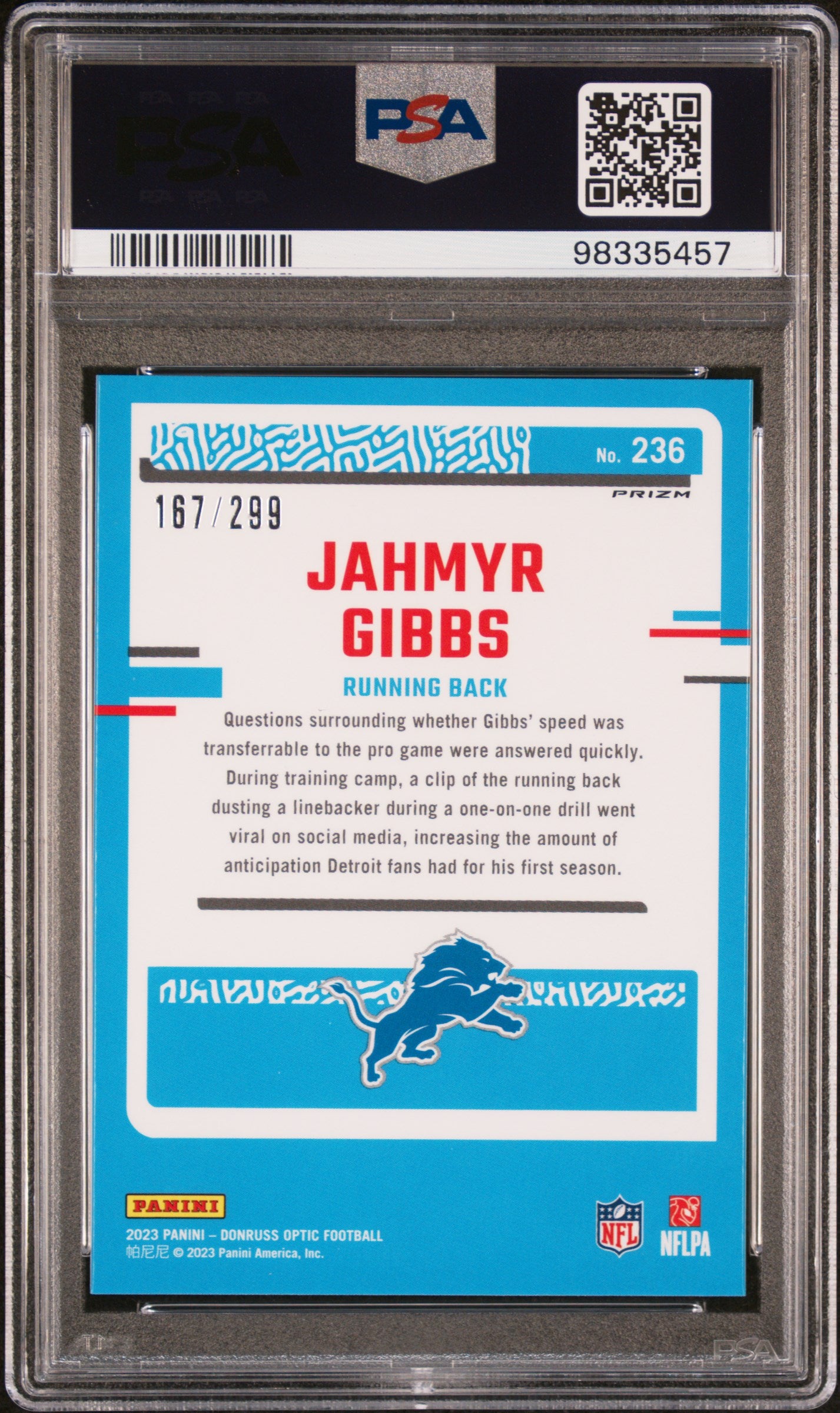 2023 Optic Jahmyr Gibbs Aqua 167/299 PSA 10 RC