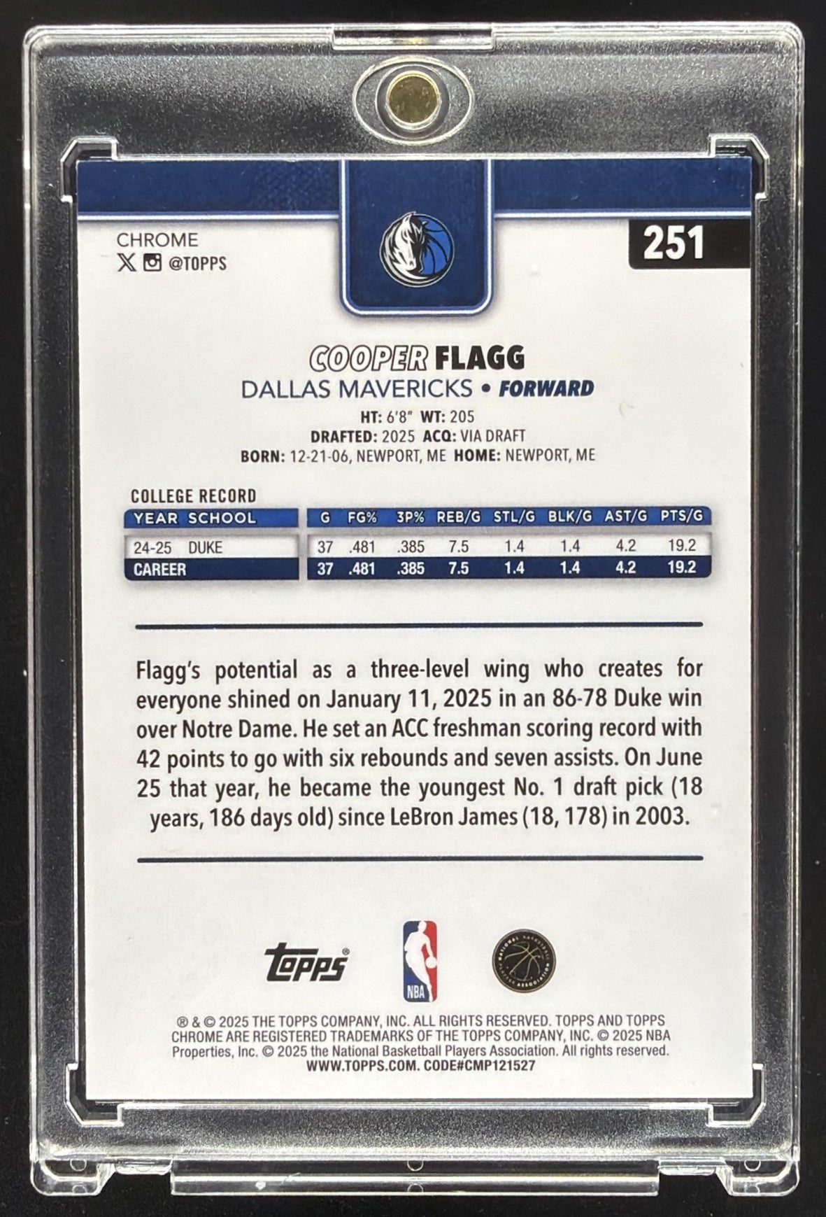 2025-26 Topps Chrome Cooper Flagg #251 Basketball Refractor RC