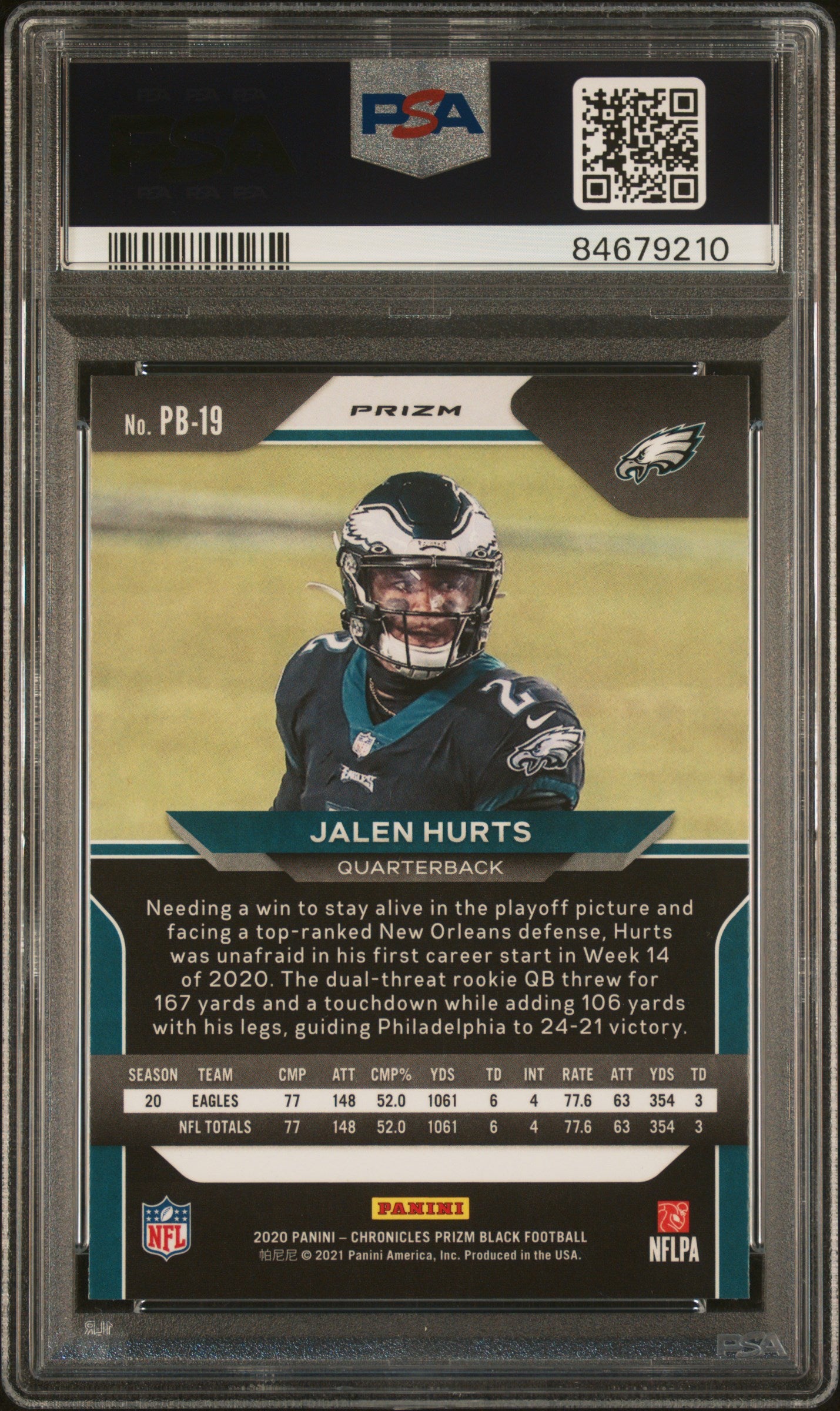 2020 Chronicles Jalen Hurts Prizm Black Silver PSA 10 RC