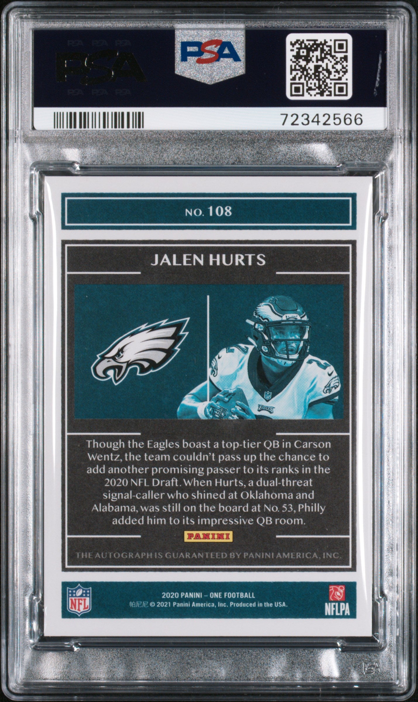 2020 Panini One Jalen Hurts Rookie Auto /75 PSA 9