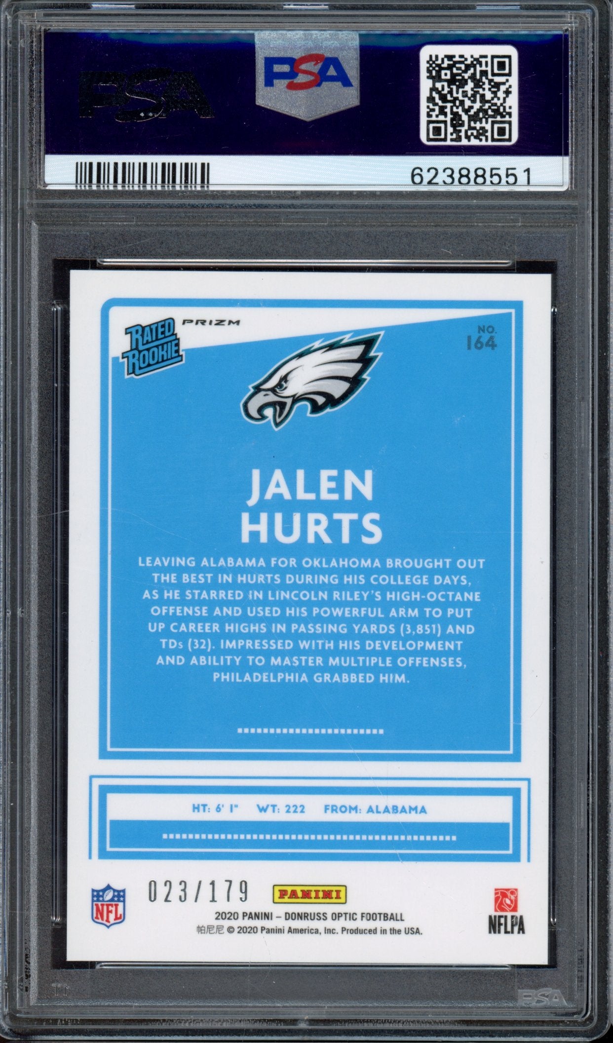 2020 Optic Jalen Hurts Blue 023/179 PSA 9 RC
