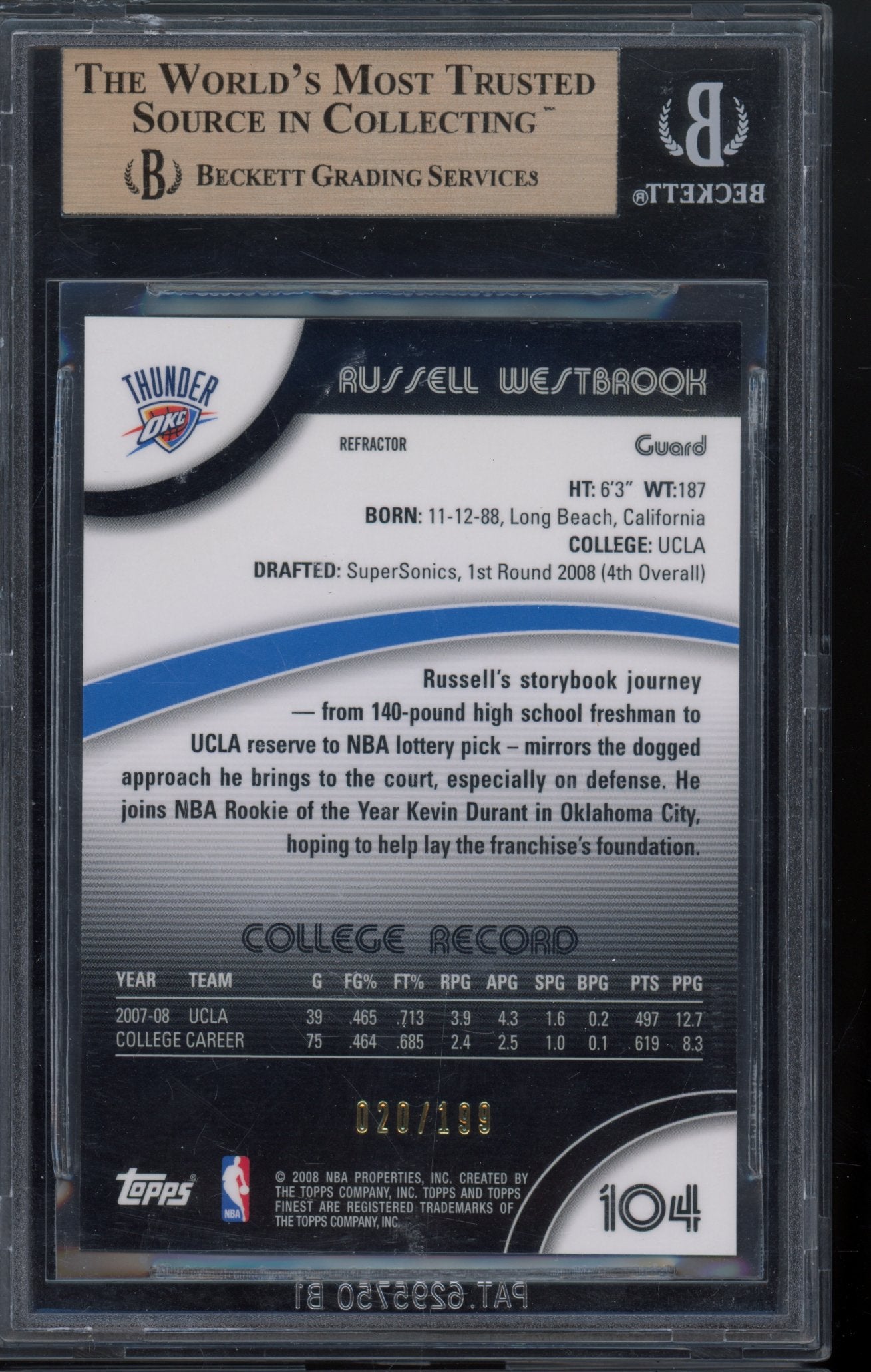 2007 Finest Russell Westbrook Blue Refractor 020/199 BGS 9.5 RC