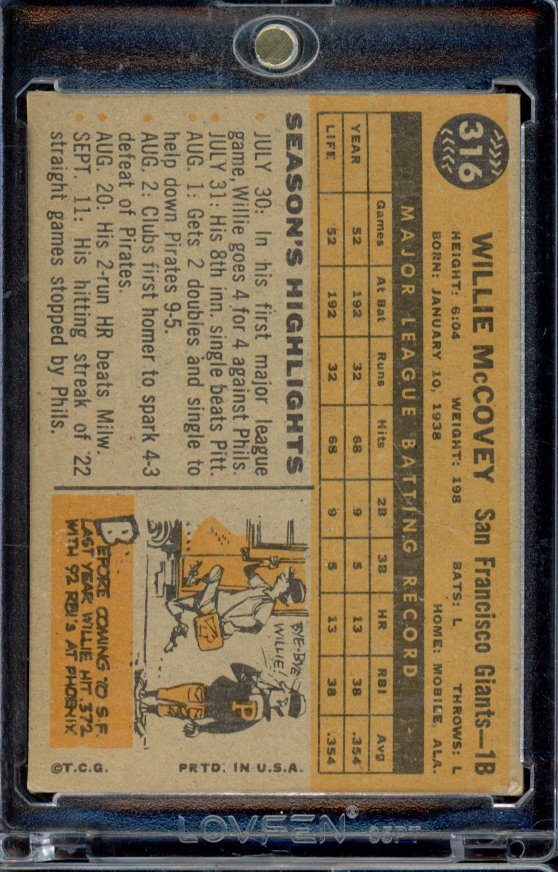 1960 Topps Willie Mccovey Rookie #316