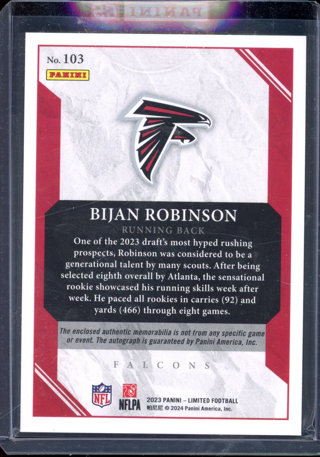 2023 Limited Bijan Robinson Rookie Patch Auto 049/199 RC
