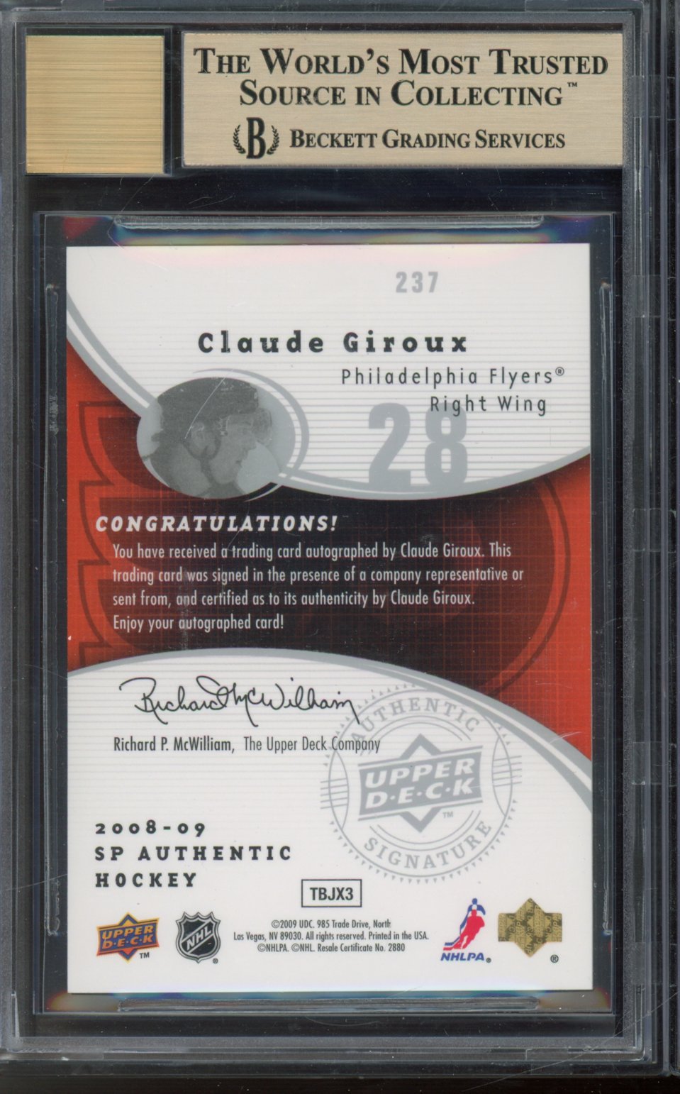 2008-09 Sp Authentic Claude Giroux Rookie Auto /999 Future Watch BGS 9.5