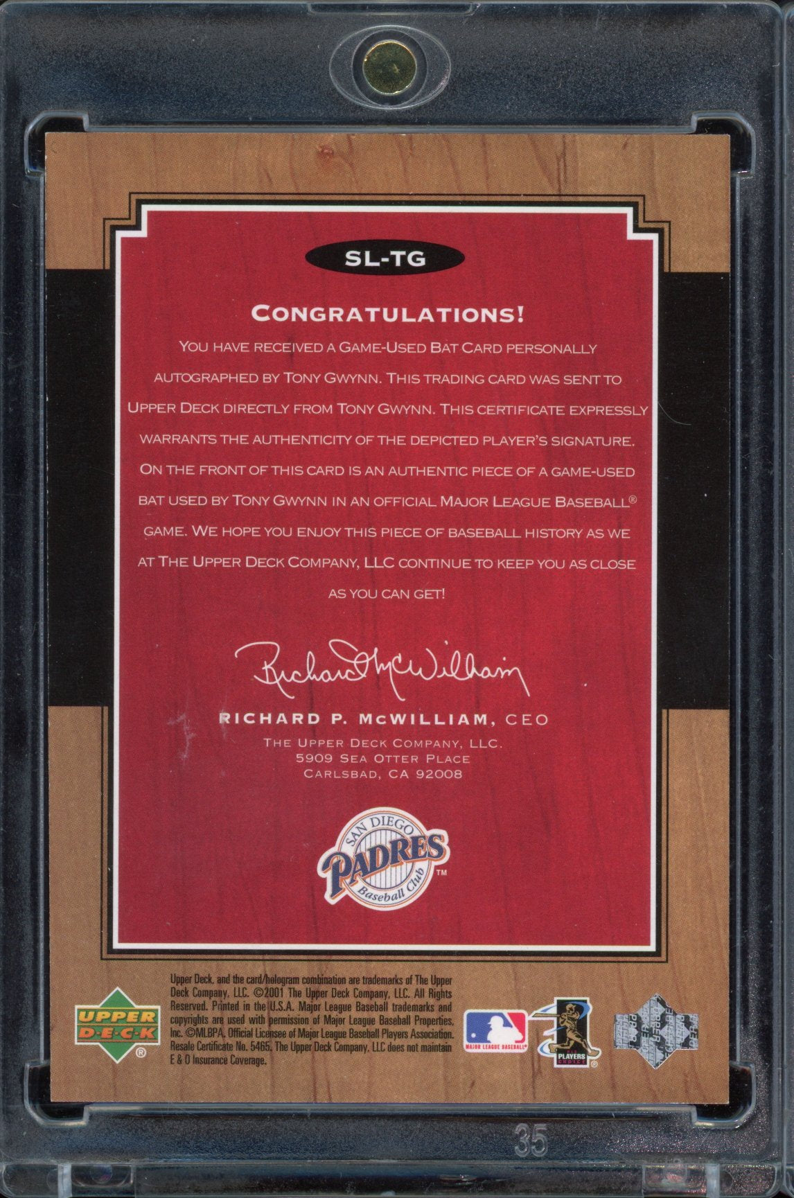 2001 Upper Deck Legends Tony Gwynn Legendary Lumber Bat Auto BOLD AUTO