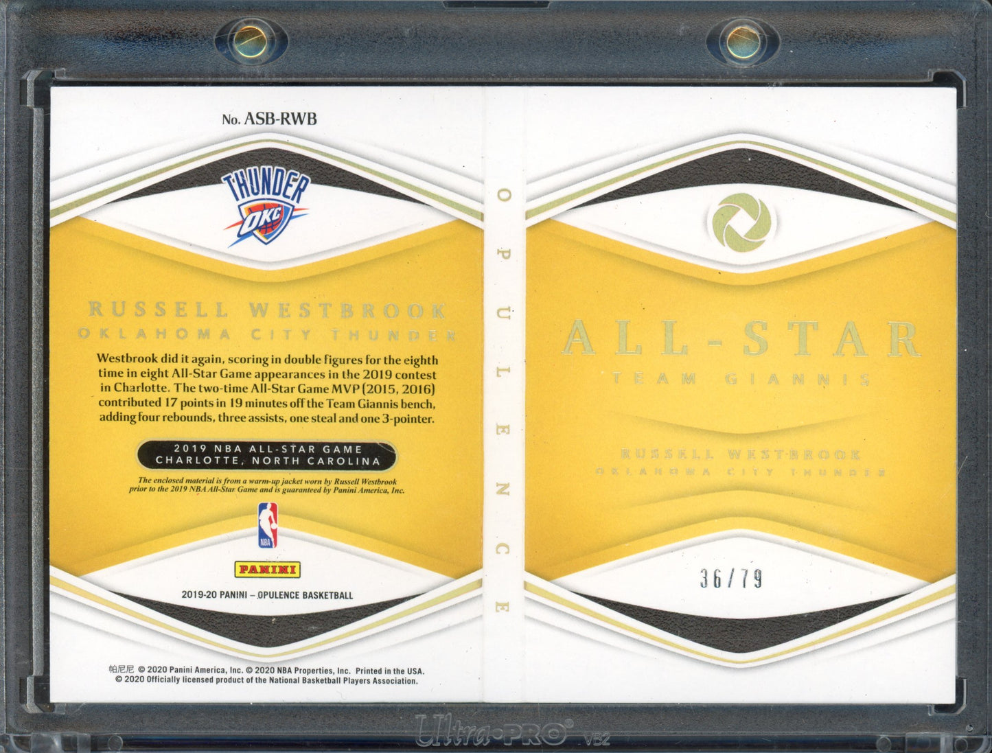 2019 Opulence Russell Westbrook All Star Booklet Jersey 36/79