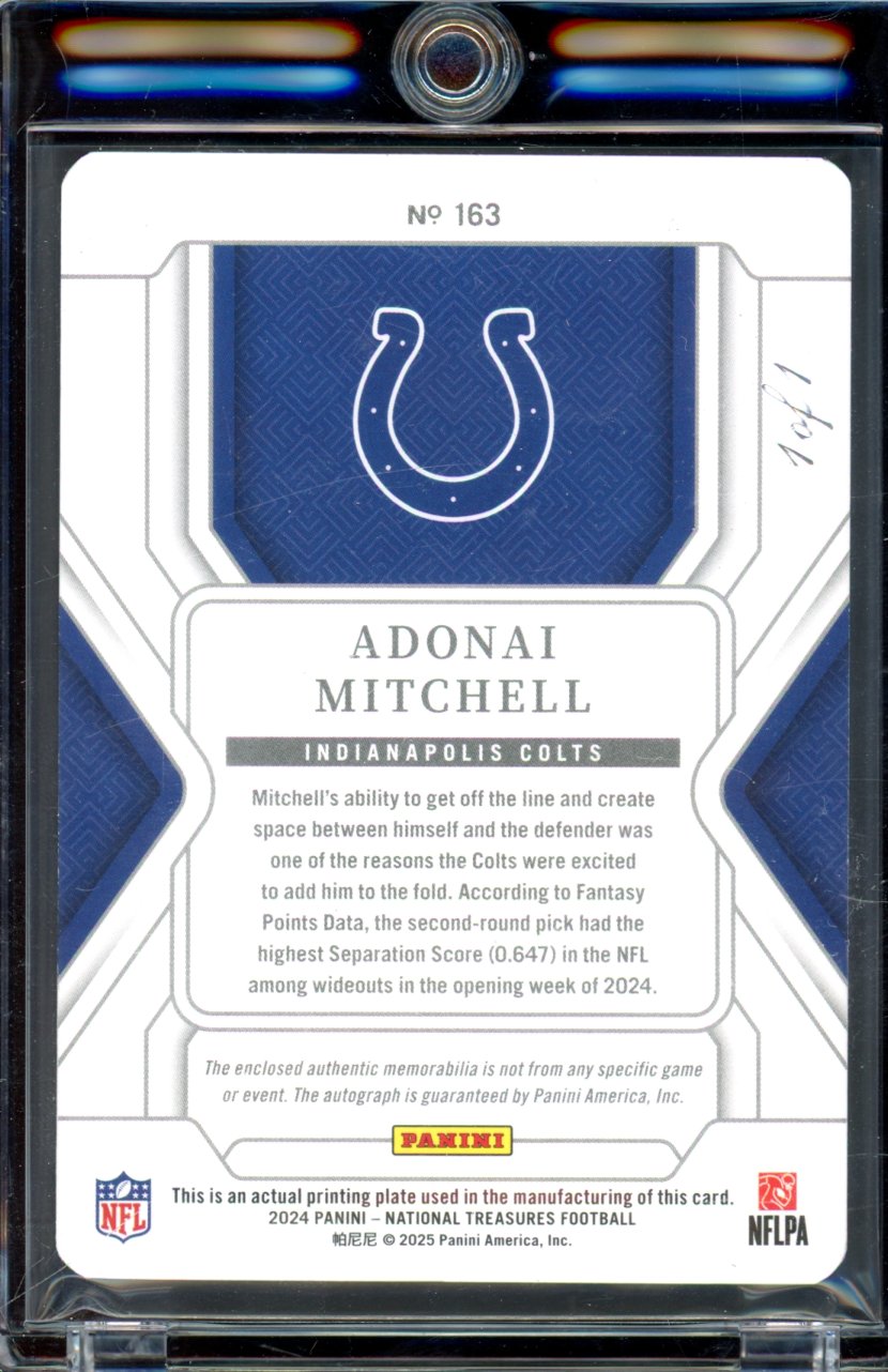 2024 National Treasures Adonai Mitchell 1/1 Rookie Patch Auto Shield