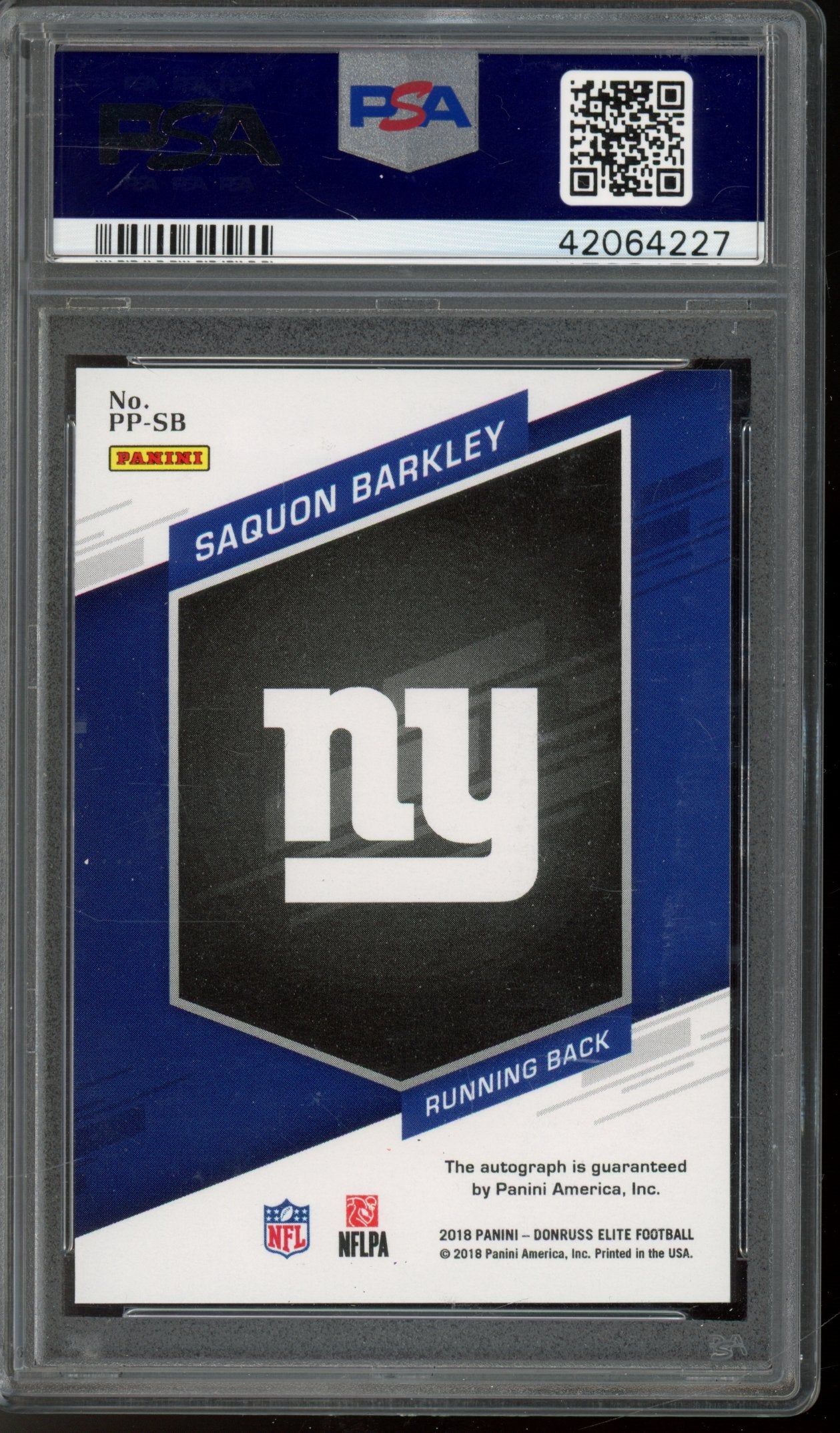 2018 Panini Donruss Elite Pen Pals Auto Saquon Barkley Blue Ink PSA 9 RC