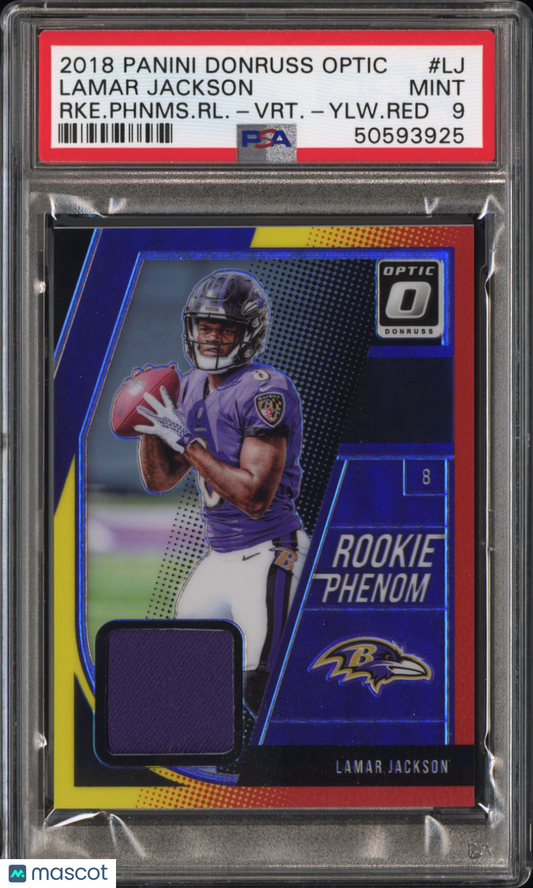 2018 Optic Lamar Jackson Red Yellow Rookie Patch PSA 9