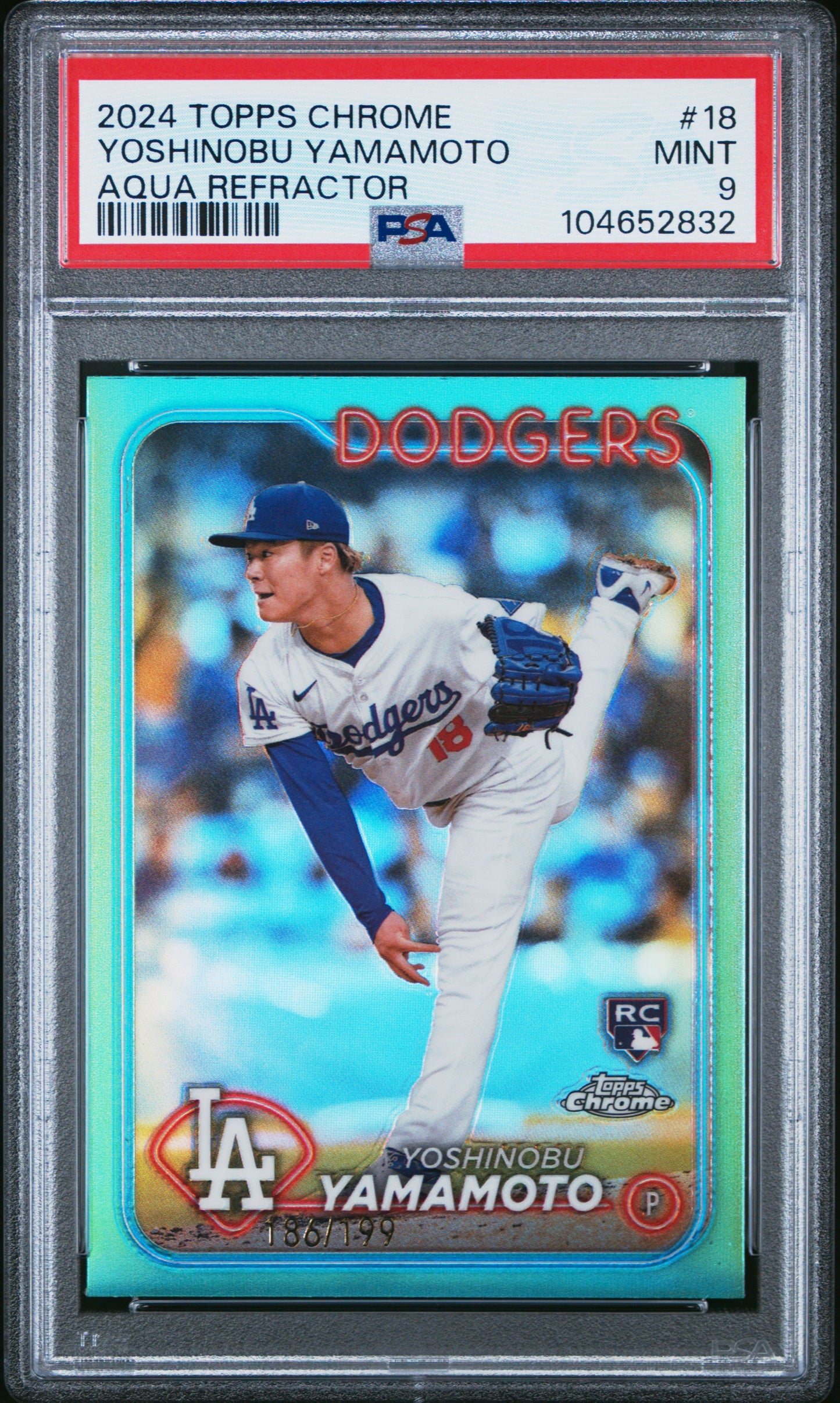 2024 Topps Chrome Yoshinobu Yamamoto Aqua Refractor 186/199 PSA 9 RC