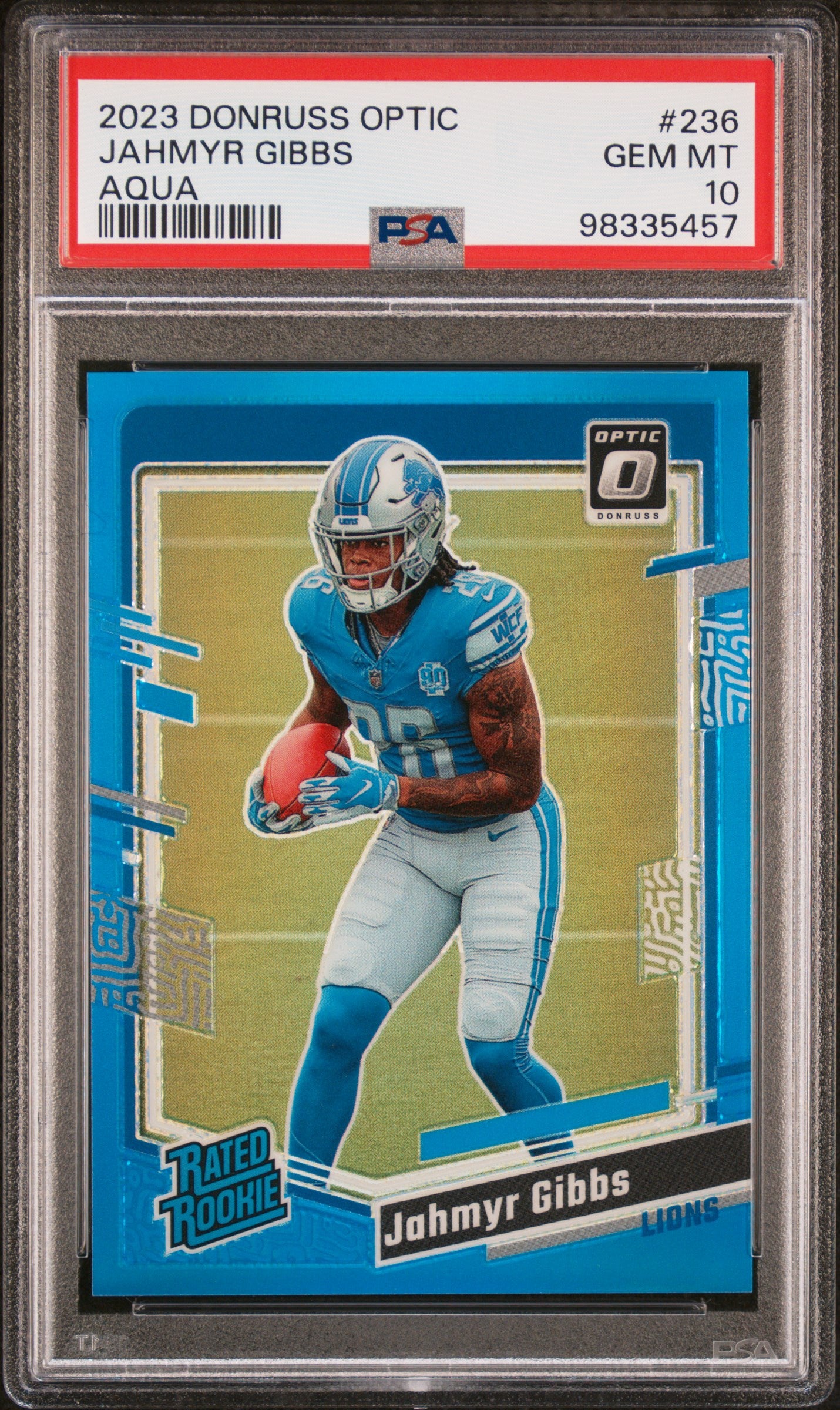 2023 Optic Jahmyr Gibbs Aqua 167/299 PSA 10 RC