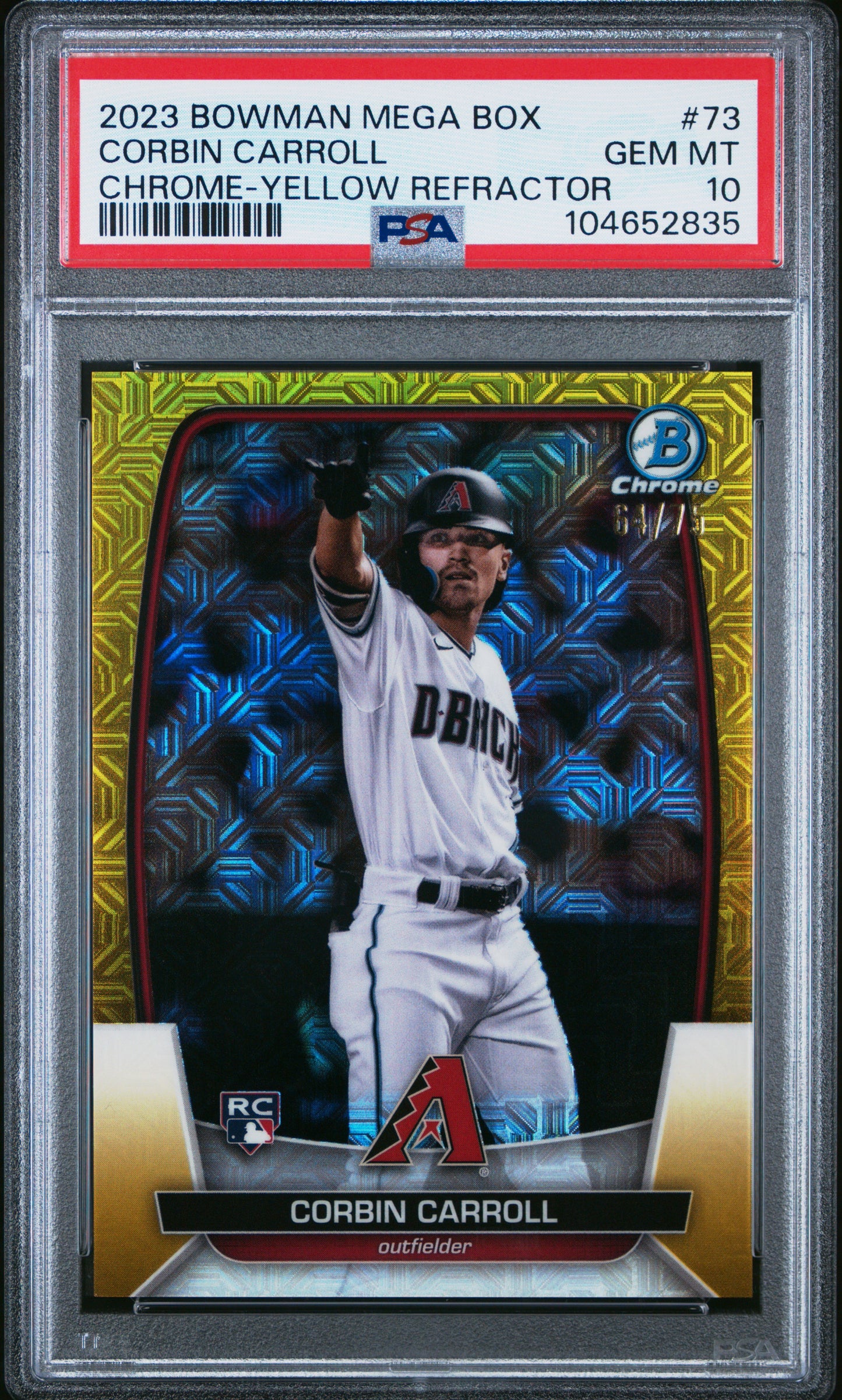 2023 Bowman Chrome Corbin Carroll Mega Box Yellow Refractor 64/75 PSA 10 RC
