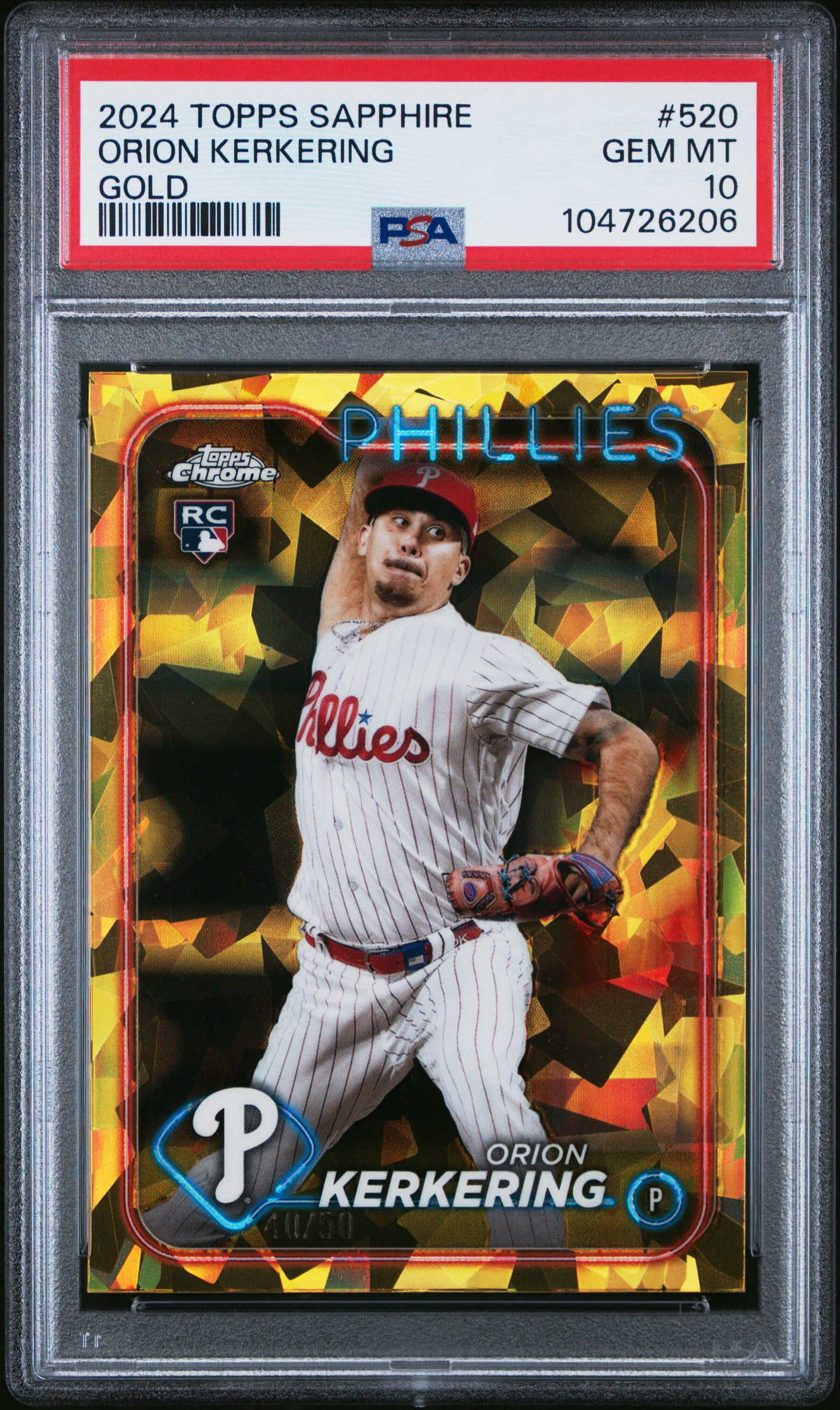 2024 Topps Chrome Sapphire Orion Kerkering Gold 40/50 PSA 10 RC
