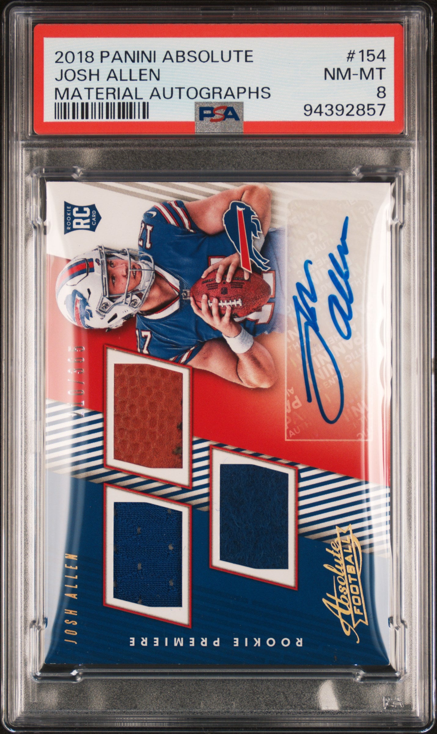 2018 Absolute Josh Allen Material Auto Triple 210/365 PSA 8 RC
