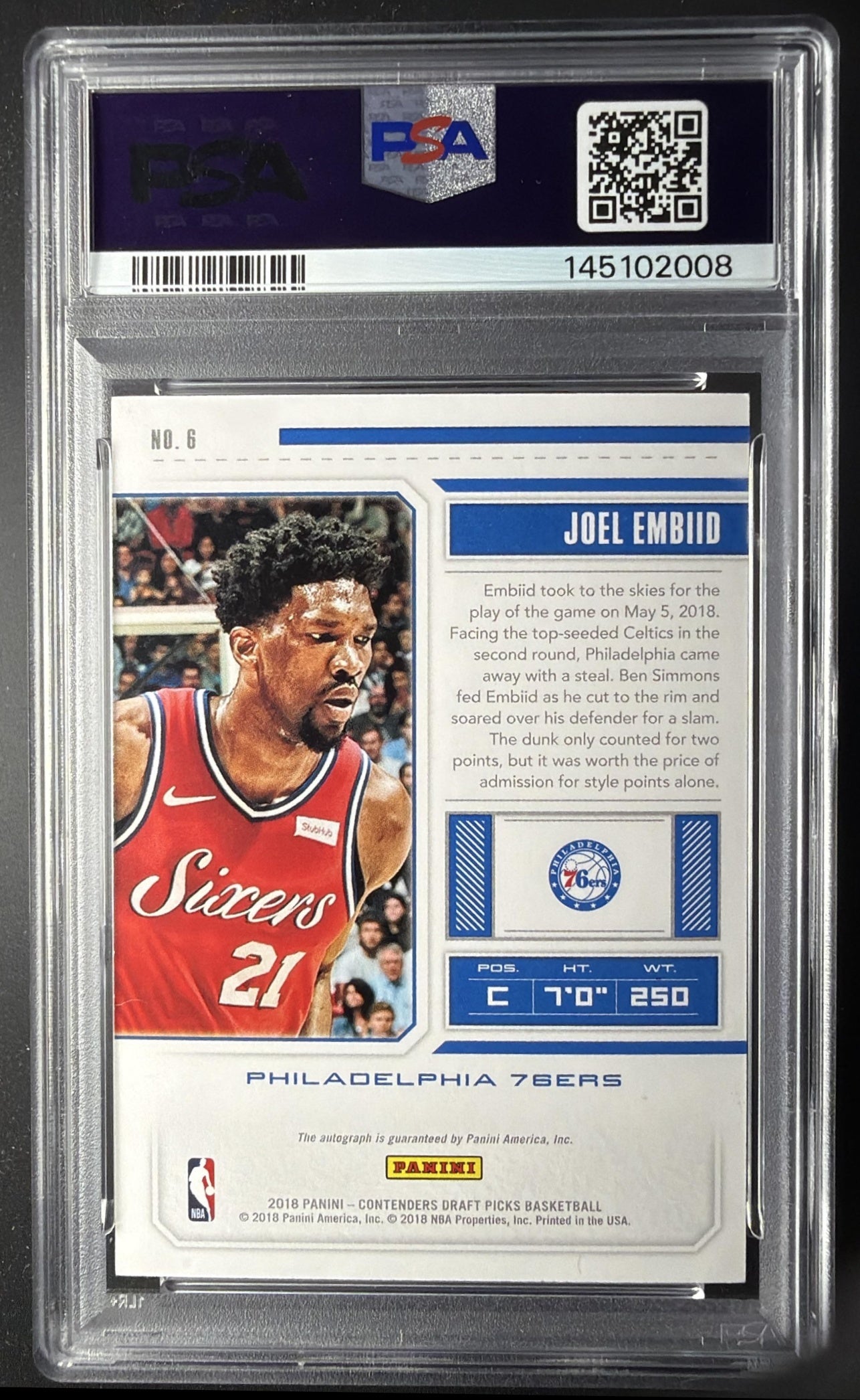 2018 Panini Contenders Draft Picks Joel Embiid #6 Season Ticket Auto PSA 8